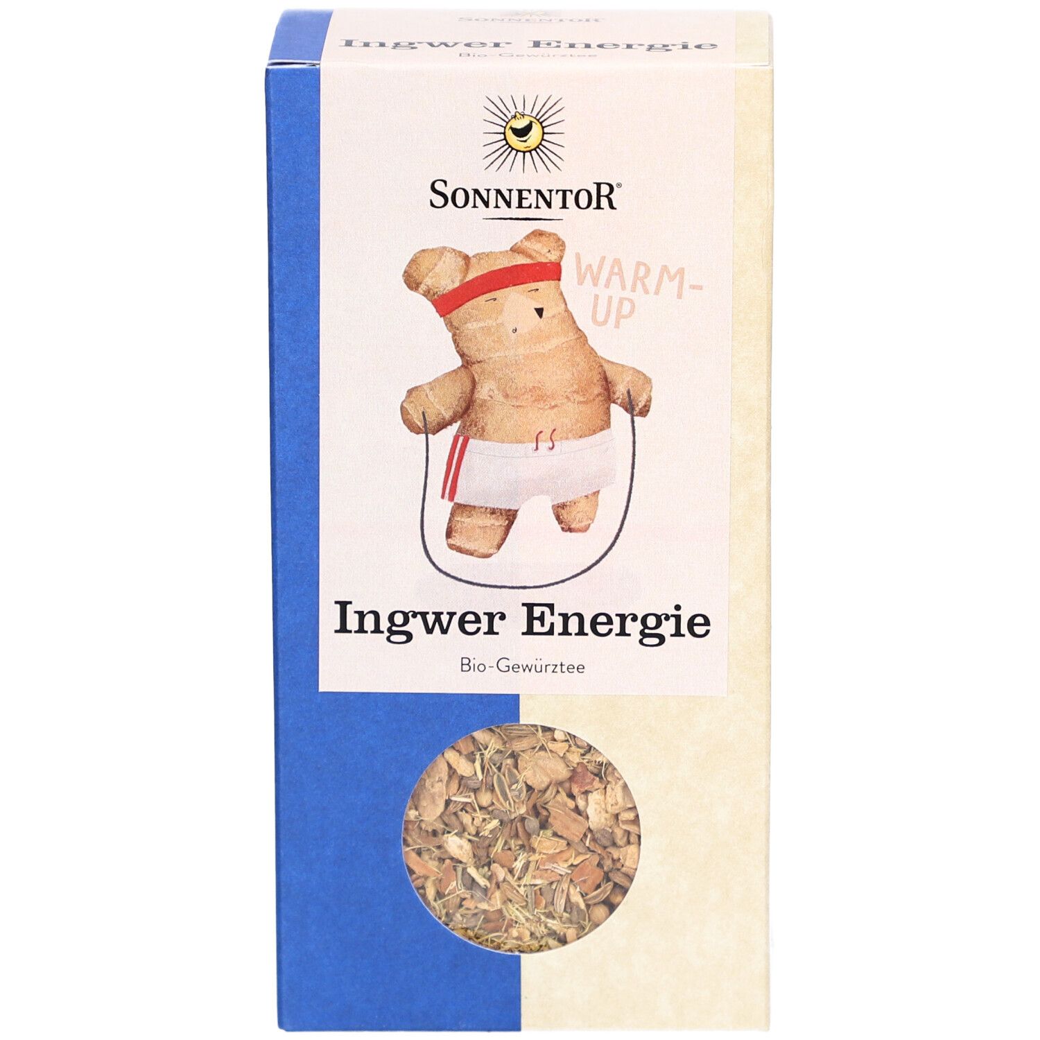 Emballage de thé SONNENTOR Ingwer Energie BIO. Vue de face avec illustration d'un ours en gingembre. Fenêtre.