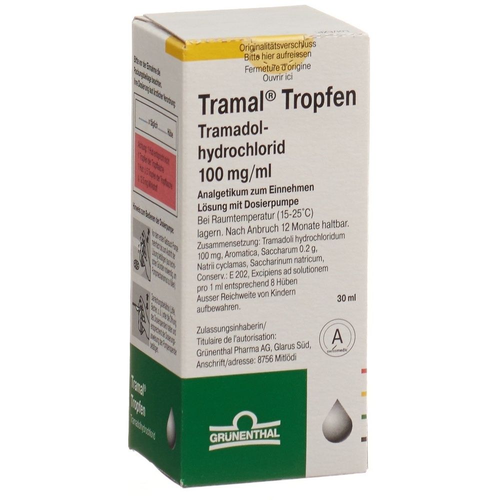 Boîte de "Tramal Tropfen". Contient du chlorhydrate de tramadol 100 mg/ml. Avec pompe doseuse. Logo Grünenthal. Informations de stockage et composition.