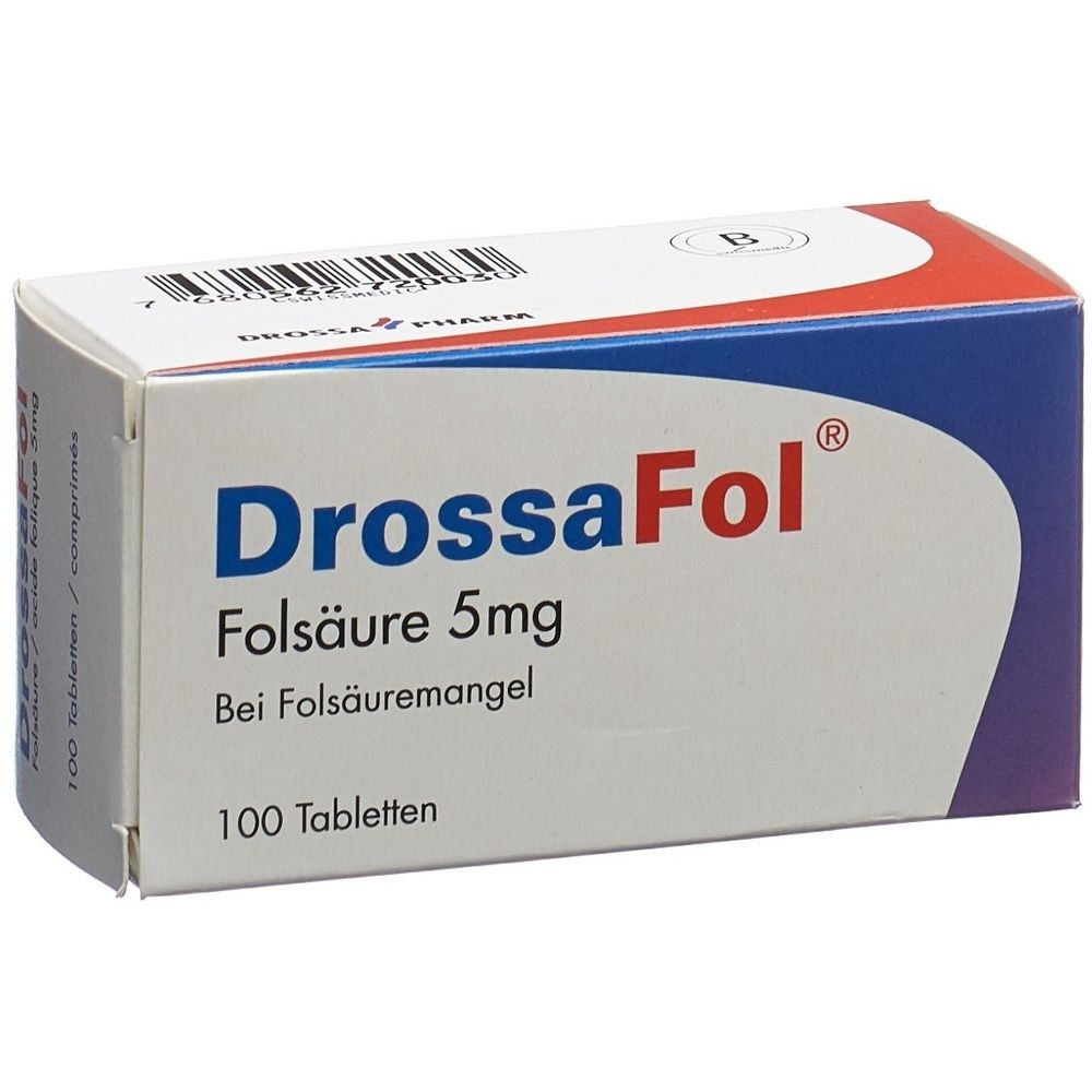 Kartonverpackung mit der Aufschrift Drossafol. Blaue, rote und weiße Farbgebung. Enthält weitere Textinformationen.