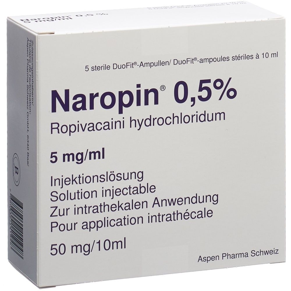 Karton mit der Aufschrift "Naropin 0,5%". Enthält Informationen in deutscher Sprache. Weißer Hintergrund.