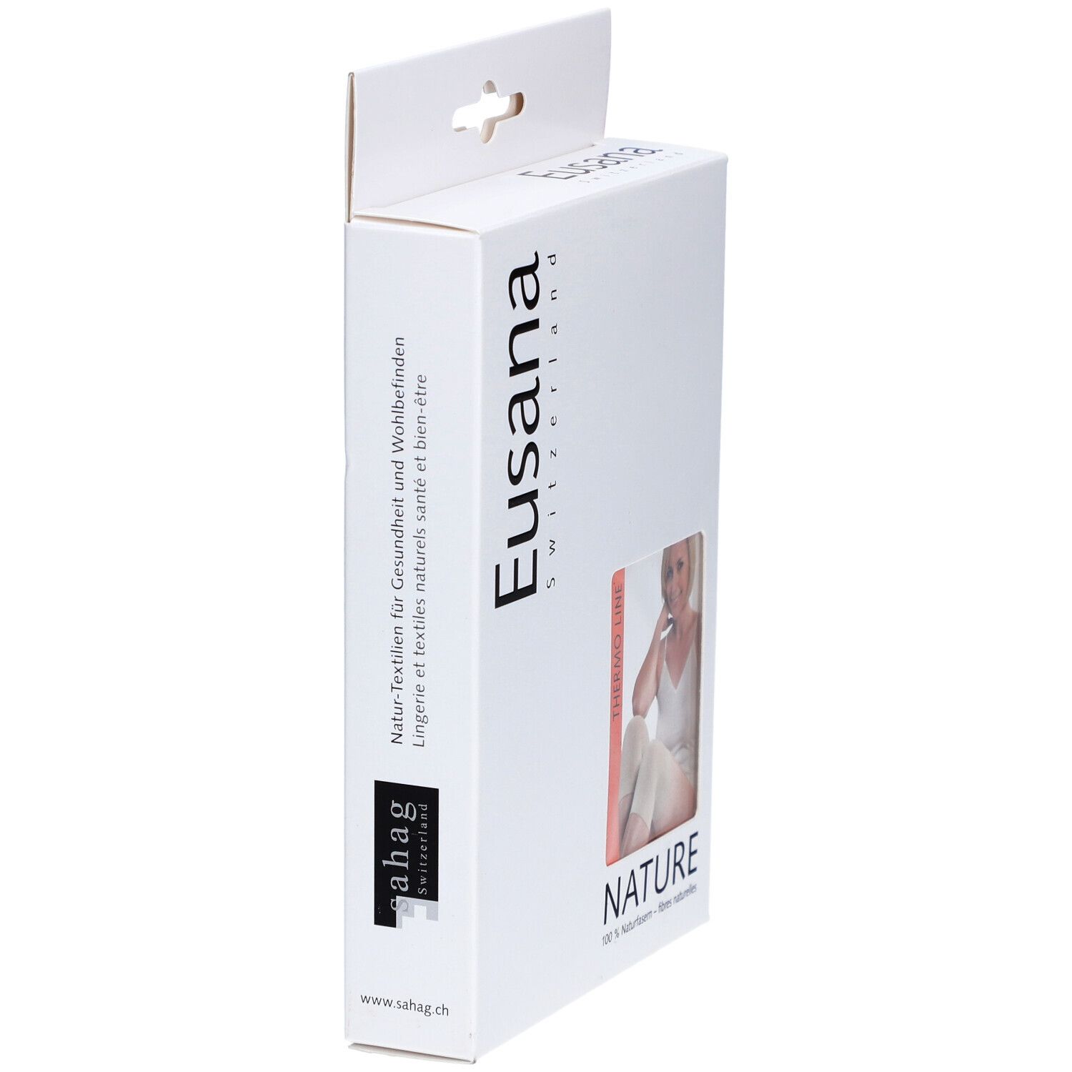 Verpackung, Seitenansicht. Marke: Eusana Switzerland. Aufdruck: Nature, Thermo Line. Text: Naturtextilien für Gesundheit und Wohlbefinden.