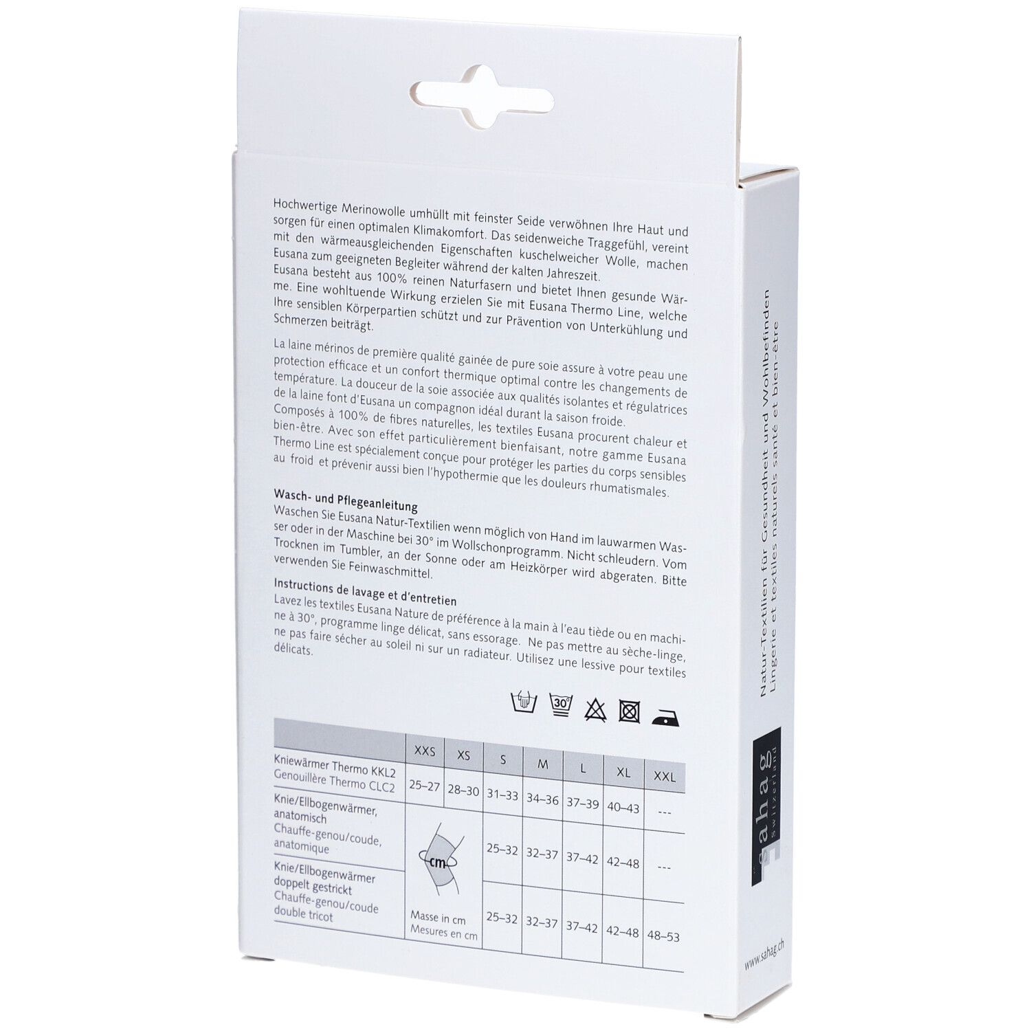 Rückseite der Verpackung. Text: Informationen zu Material, Pflege und Größentabelle. Marke: Eusana. Produkt: Kniewärmer.