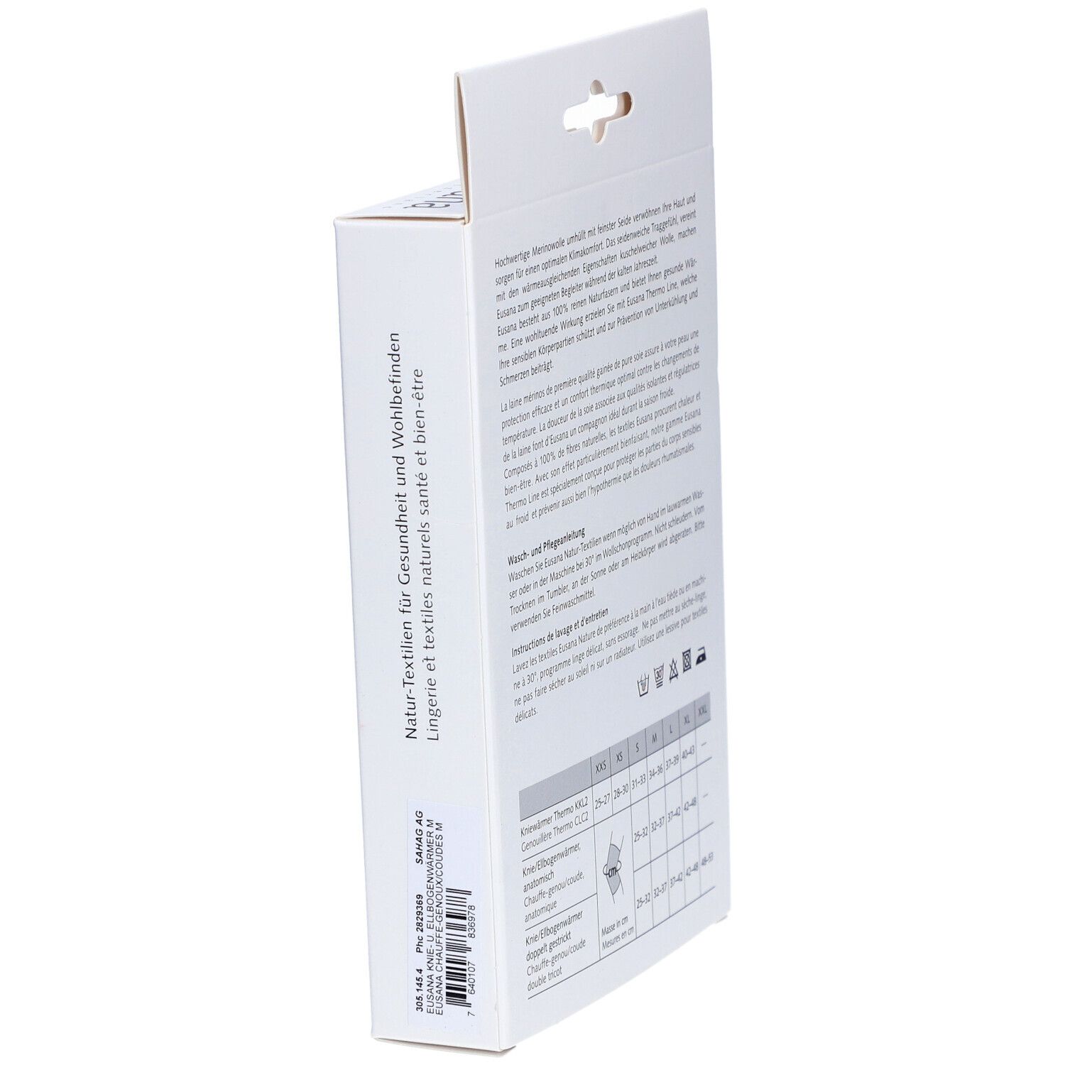 Seitenansicht der Verpackung. Text: Naturtextilien für Gesundheit und Wohlbefinden. Marke: Eusana. Produkt: Kniewärmer.