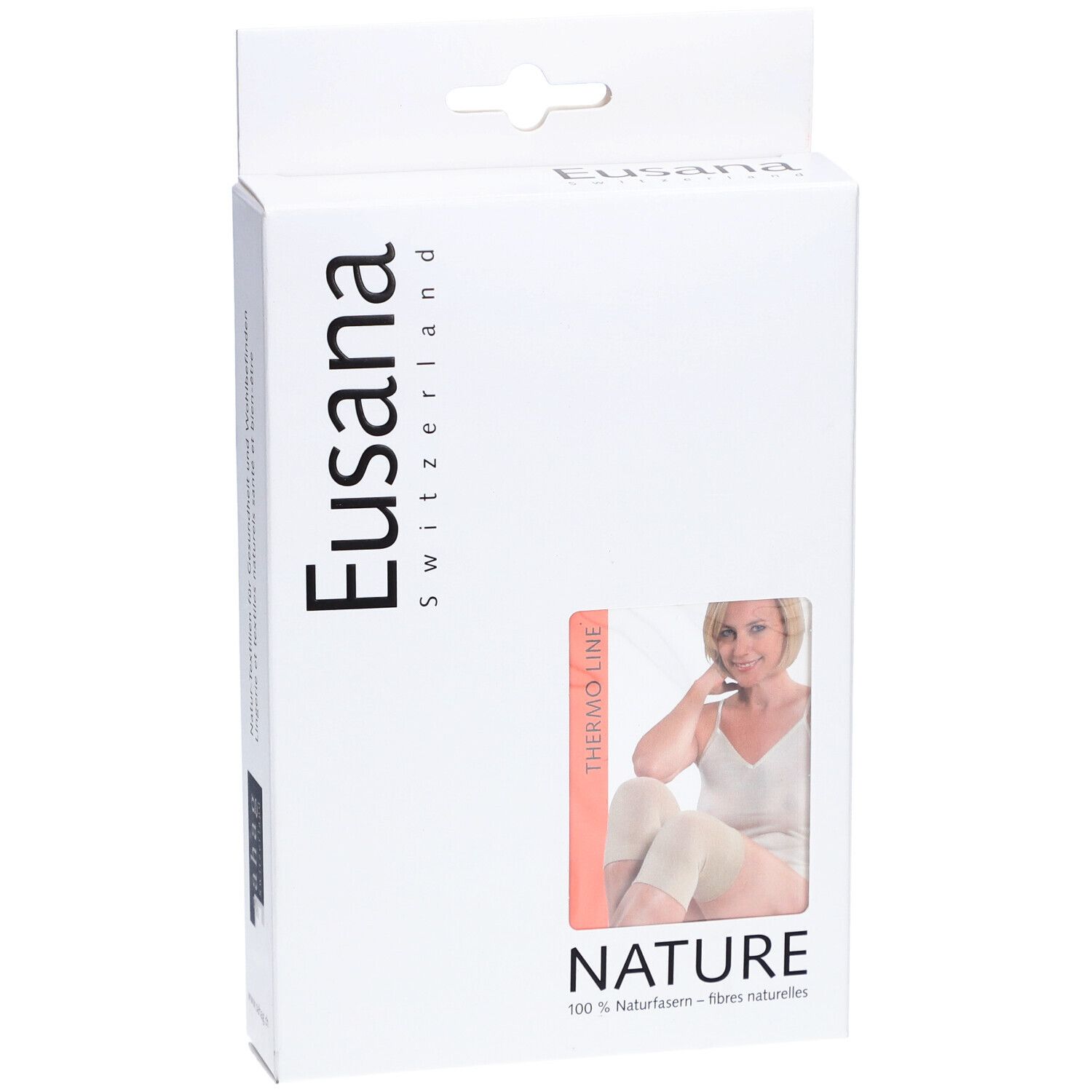 Verpackung mit Produktabbildung. Marke: Eusana Switzerland. Produkt: Kniewärmer, beige. Aufdruck: Thermo Line, Nature.