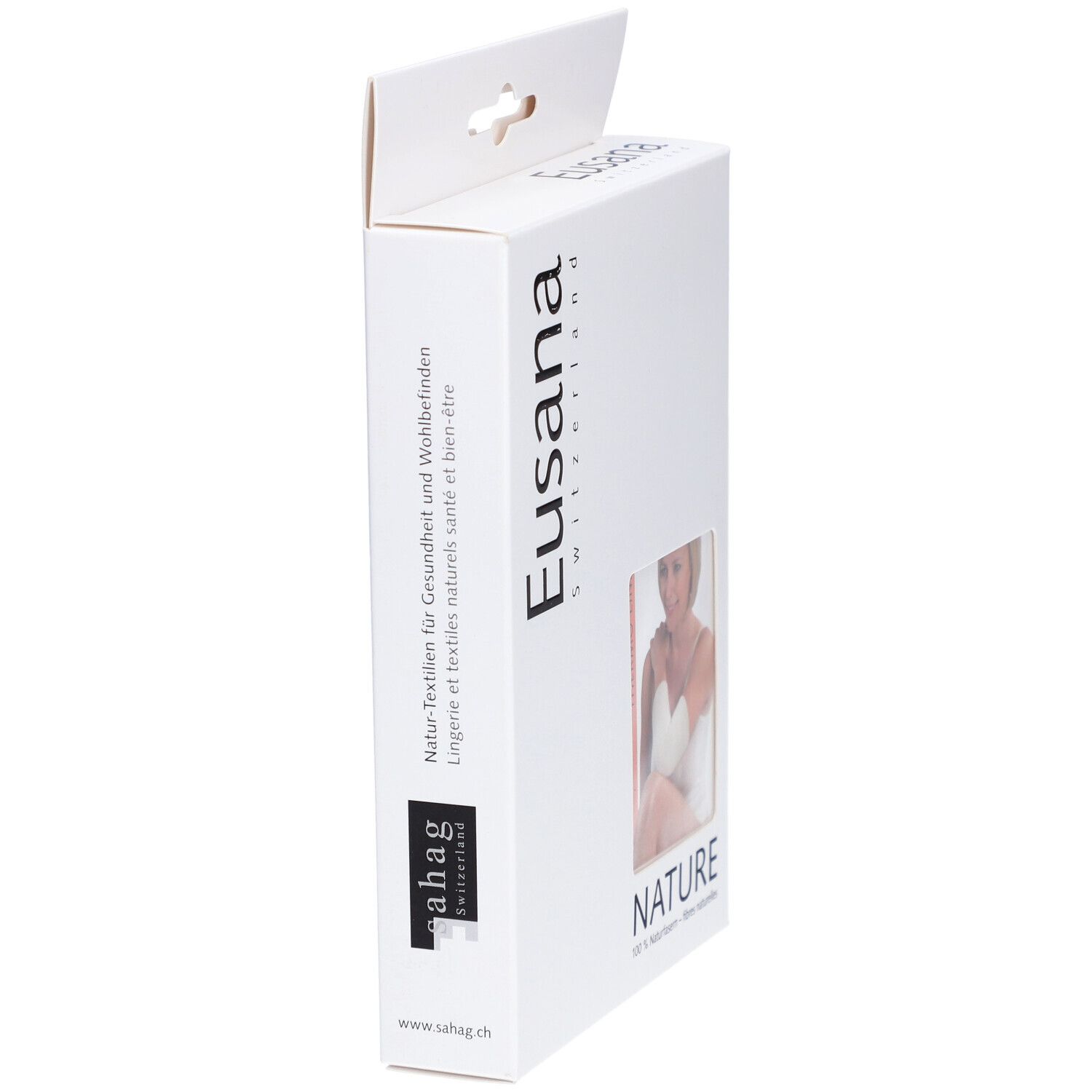 Seitenansicht der Verpackung. Marke Eusana, Schweiz. Text: Natur-Textilien für Gesundheit und Wohlbefinden.