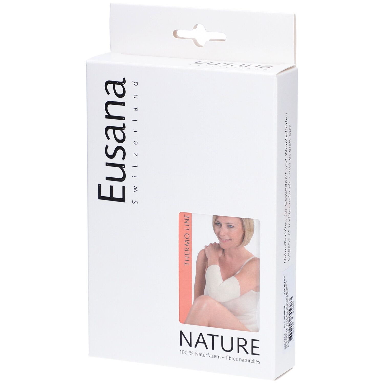 Weiße Produktverpackung mit Eusana-Logo und Produktabbildung. Sichtbar: Thermo-Line, Nature, und eine Frau mit Armbandage.