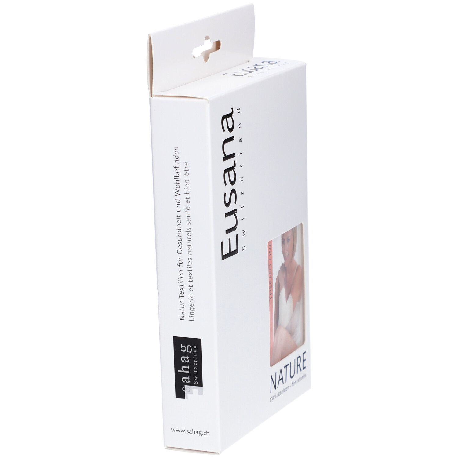 Seitenansicht der weißen Produktverpackung. Eusana-Logo, Text über Gesundheit und Wohlbefinden, und ahag-Logo.