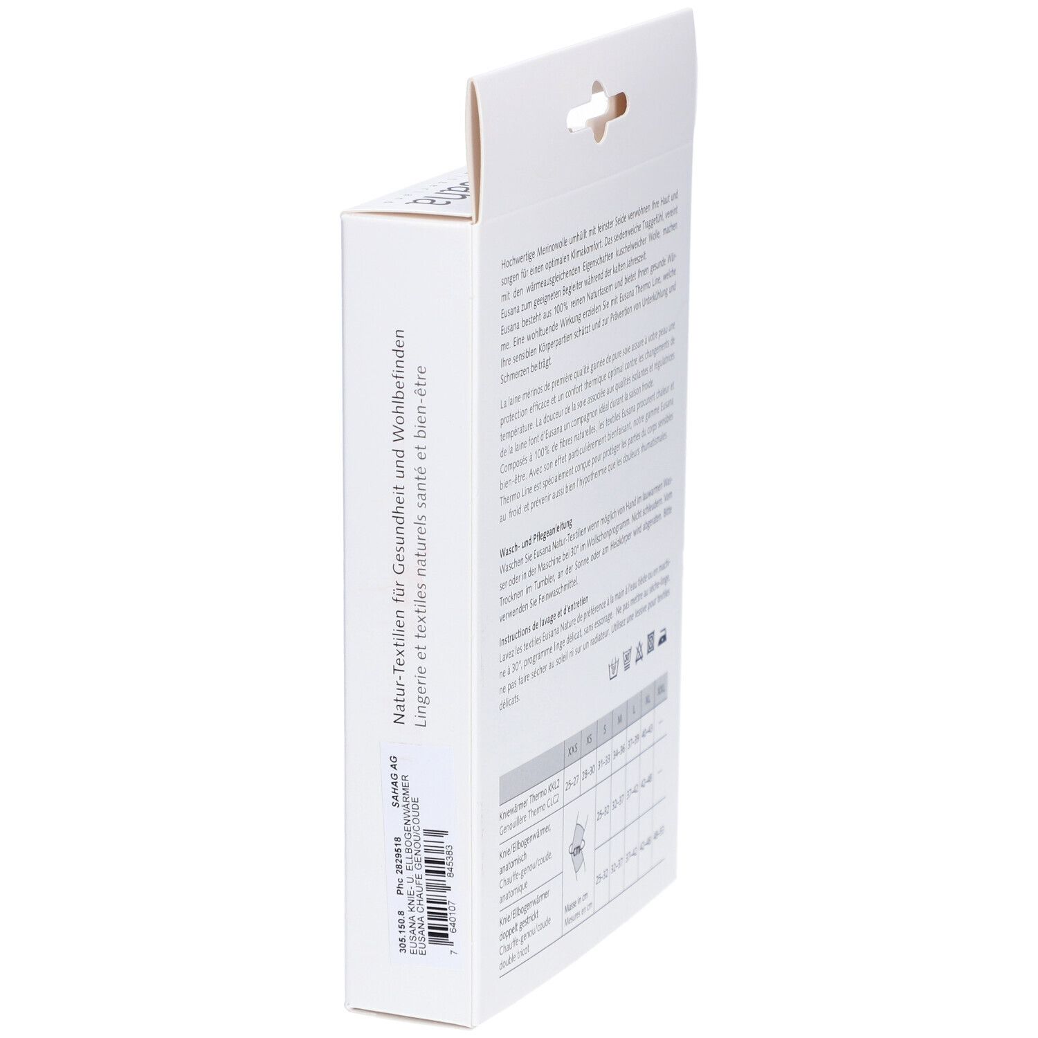 Seitenansicht der Verpackung. Text über Gesundheit und Wohlbefinden, sowie Informationen zum Hersteller.