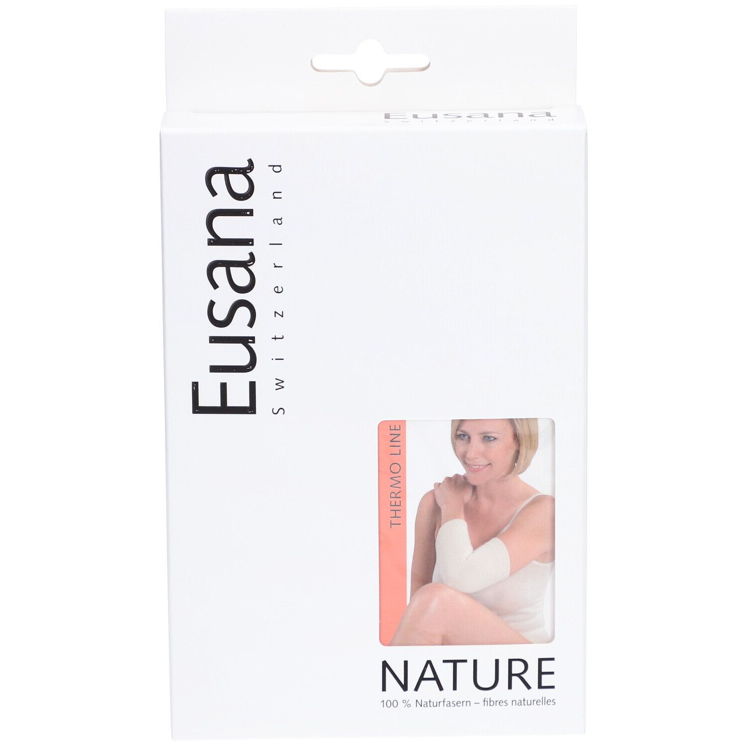 Weiße Produktverpackung mit Eusana-Logo und Produktabbildung. Sichtbar: Thermo-Line, Nature, und eine Frau mit Armbandage.