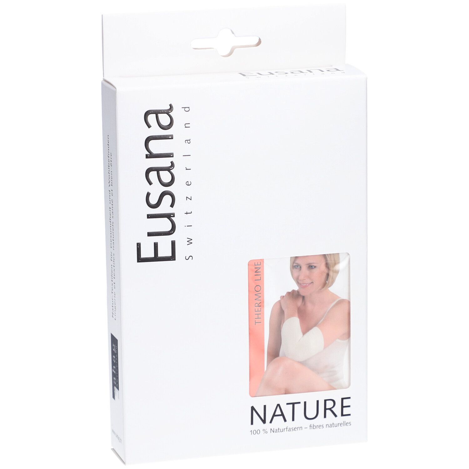 Weiße Produktverpackung mit Eusana-Logo und Produktabbildung. Sichtbar: Thermo-Line, Nature, und eine Frau mit Armbandage.