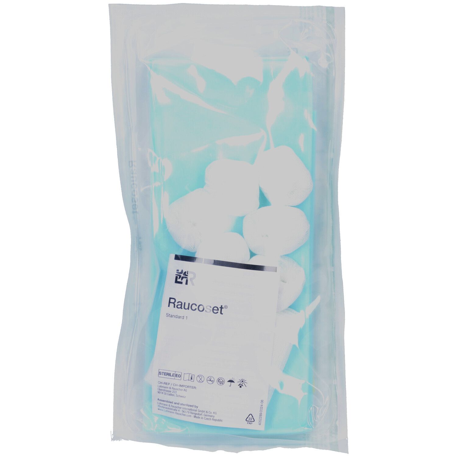 Verband-Set in transparenter Verpackung. Enthält sterile Wattepads und ein Etikett mit Produktinformationen.