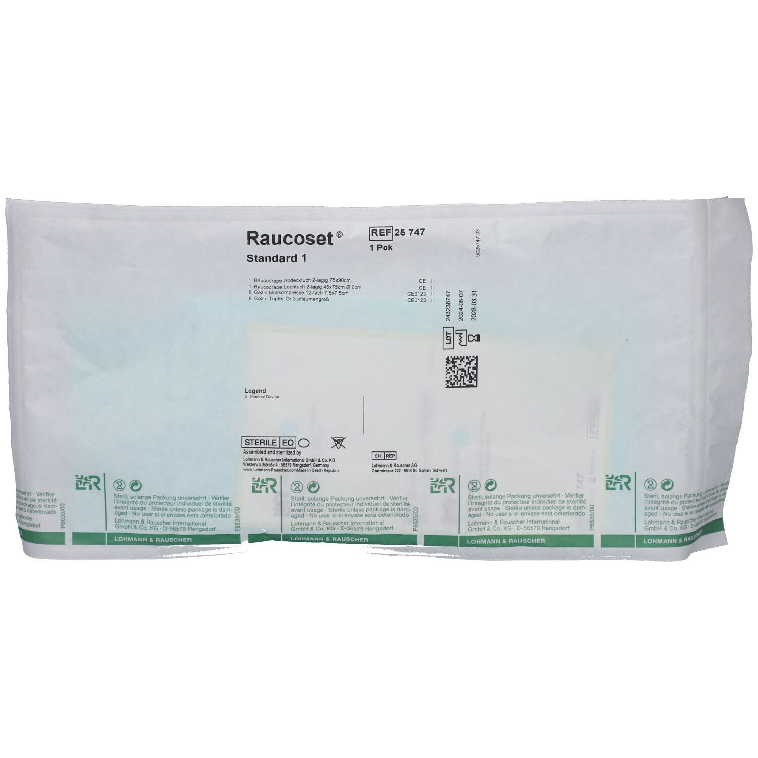 Verpackung des Verband-Sets. Aufdruck: Raucoset Standard 1, Produktinformationen, Chargennummer und Sterilisationshinweise.