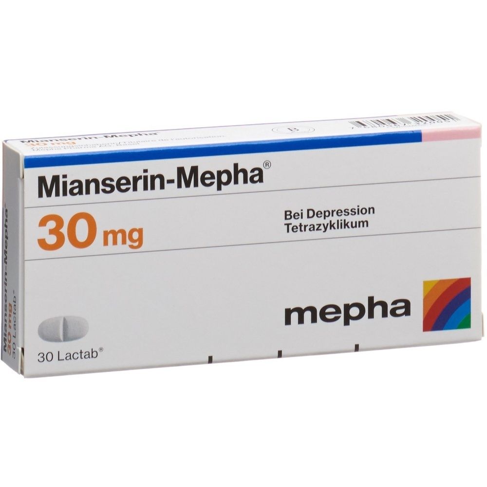 Verpackung von Mianserin Mepha Lactab 30 mg. Aufschrift: 30 mg, Mepha, Lactab.