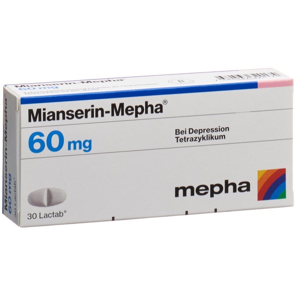 Verpackung von Mianserin Mepha Lactab 60 mg. Aufschrift: 60 mg, mepha. Weiße und blaue Schachtel mit rotem Akzent.