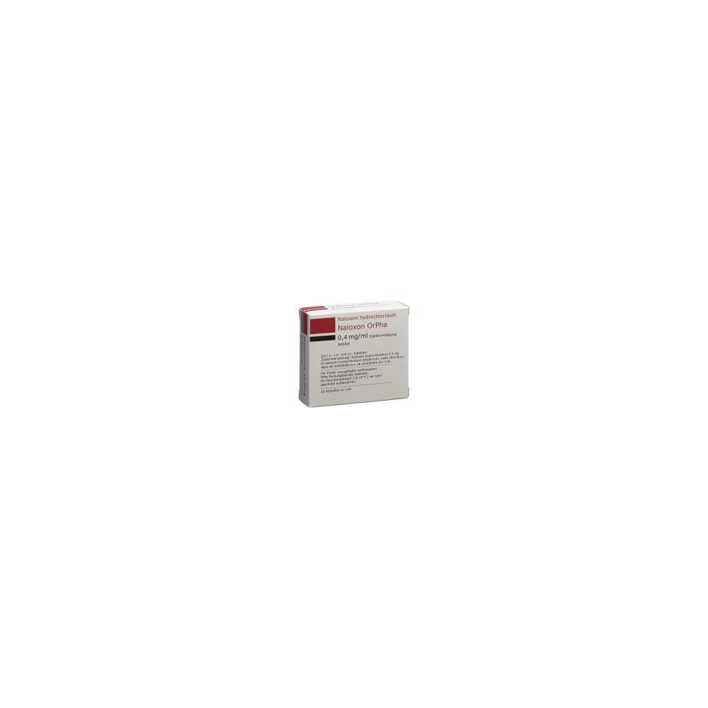 Karton mit rotem und weißem Design. Aufschrift: Naloxon OrPha Inj Lös 0,4 mg/ml. Produktinformationen und Herstellerangaben.