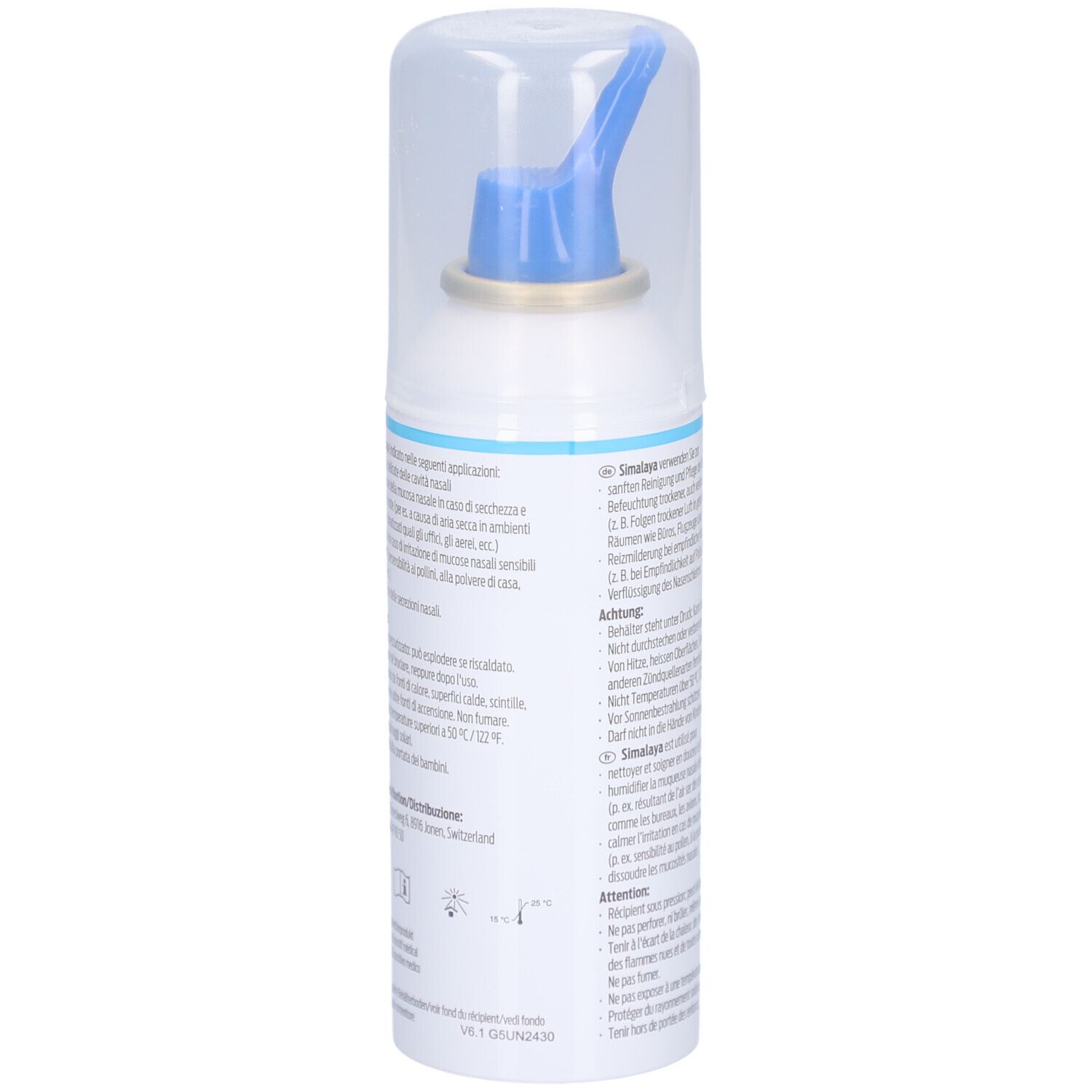 Weiße Sprühflasche mit blauem Sprühkopf und transparenter Kappe. Text auf der Rückseite.