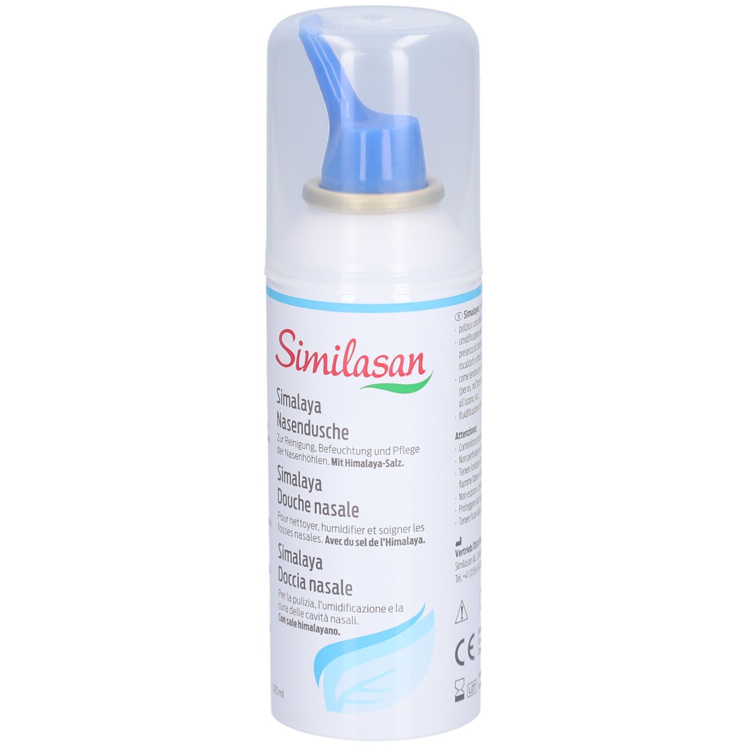 Weiße Sprühflasche mit blauem Sprühkopf und transparenter Kappe. Beschriftung: Similasan, Himalaya Nasendusche.