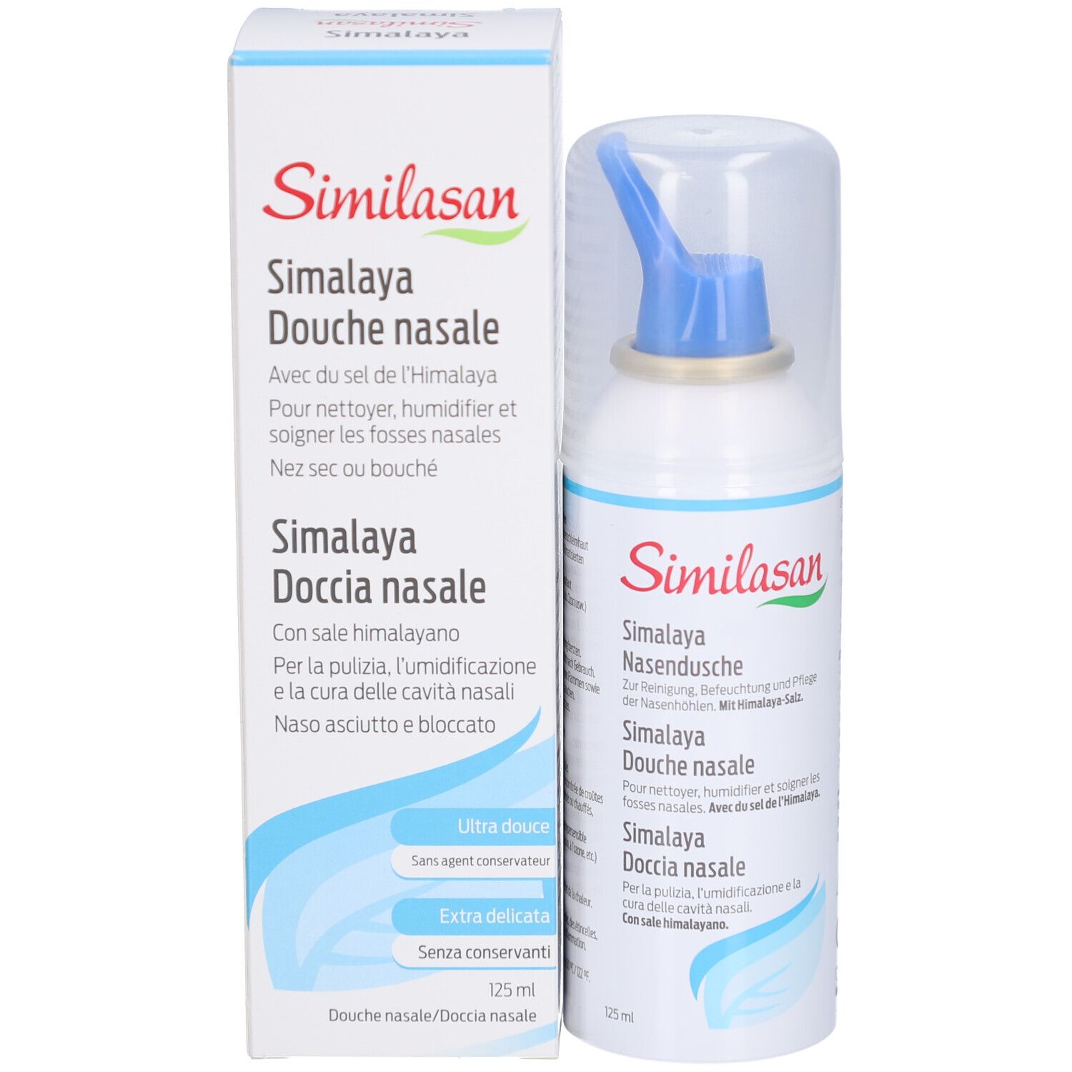 Produktverpackung und Sprühflasche. Verpackung: weiß, Text: Similasan, Douche nasale. Flasche: weiß, blau.