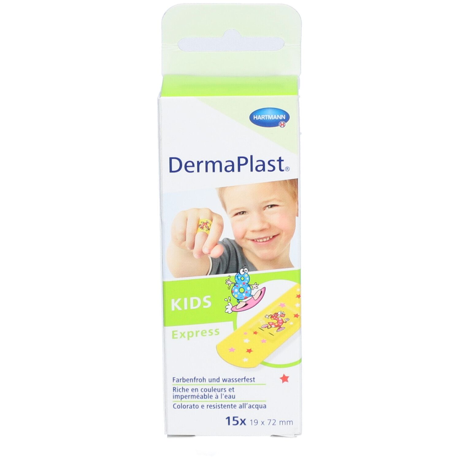 Vorderseite der Dermaplast® Kids Express Verpackung. Enthält 15 Pflaster, 19 x 72 mm. Kind zeigt Pflaster. Farbenfroh und wasserfest.