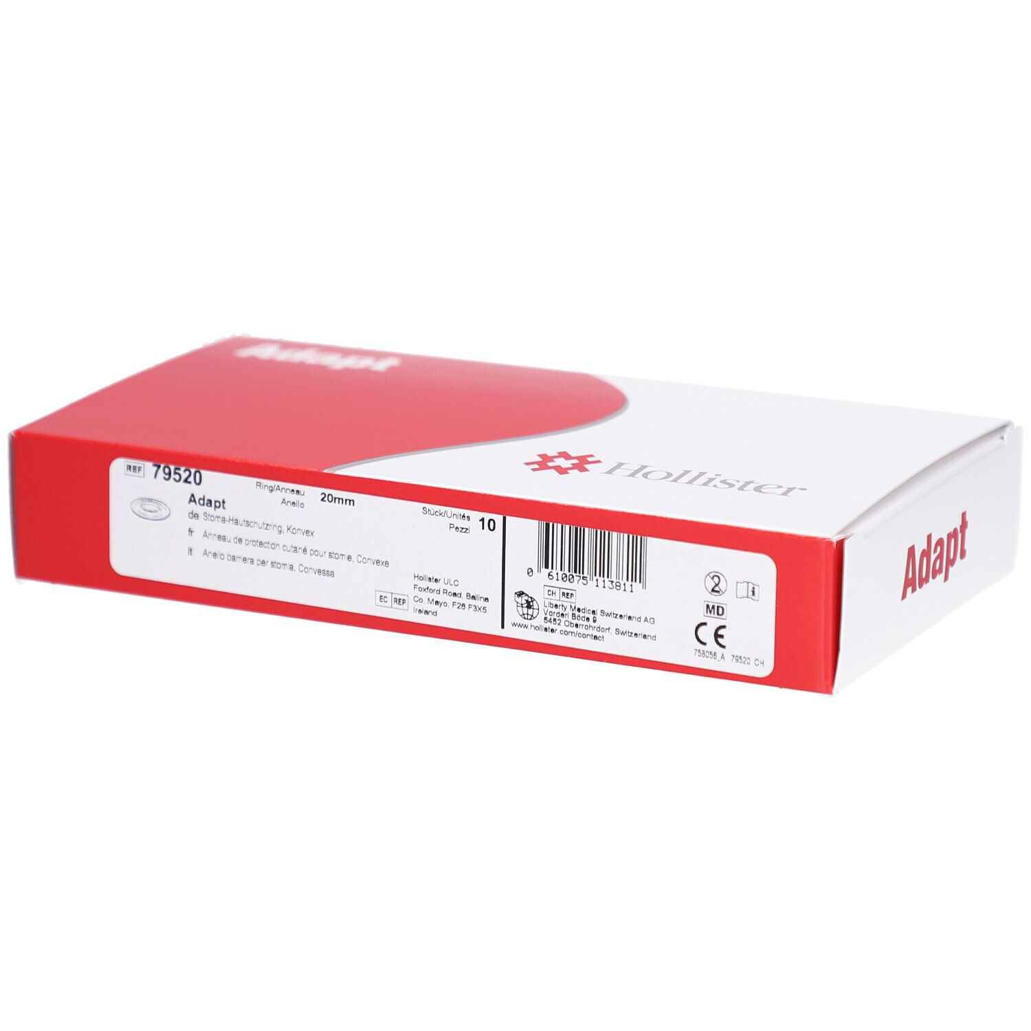 Verpackung von Hollister Adapt. Weiß-rote Schachtel mit Produktinformationen und Logo. 20 mm Ringgröße.