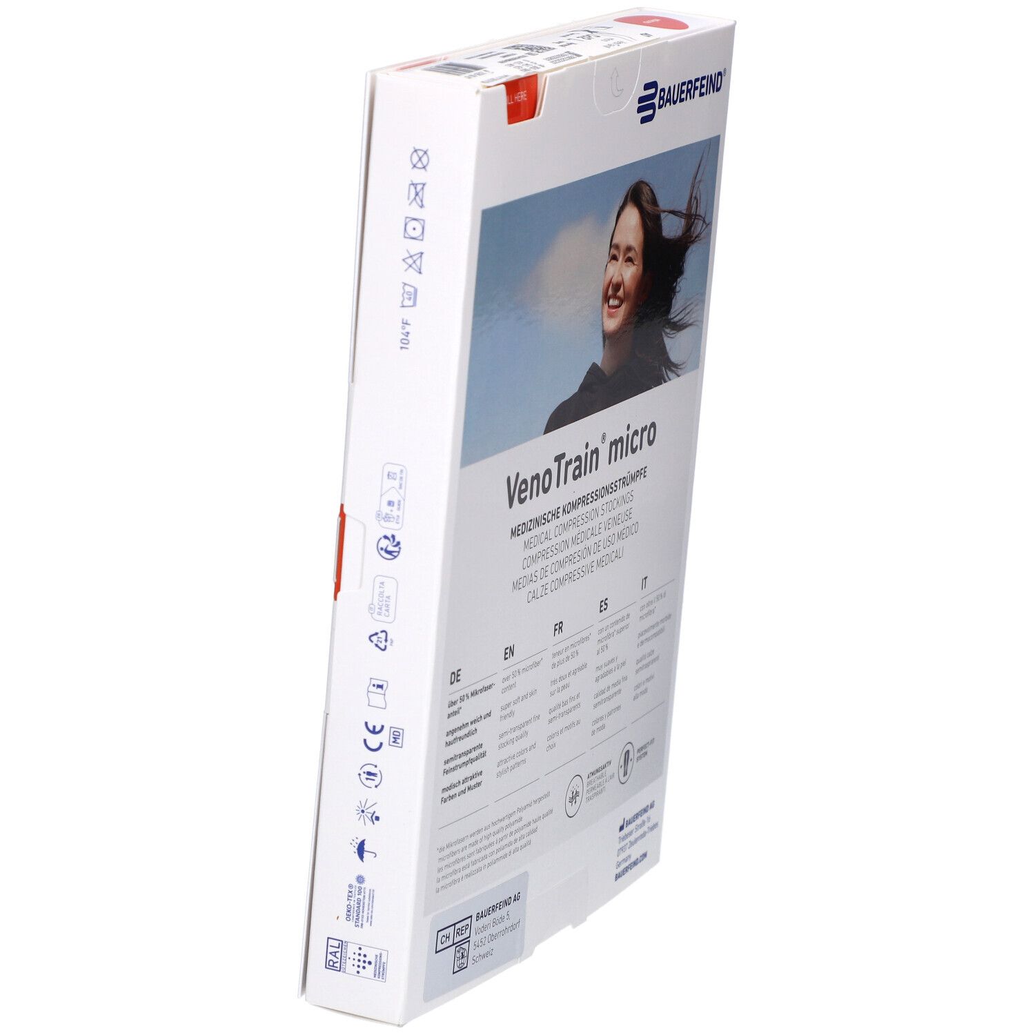 Seite der Verpackung mit Kompressionsstrümpfen. Marke: Bauerfeind. Produktname: VenoTrain micro. Symbole und Informationen.