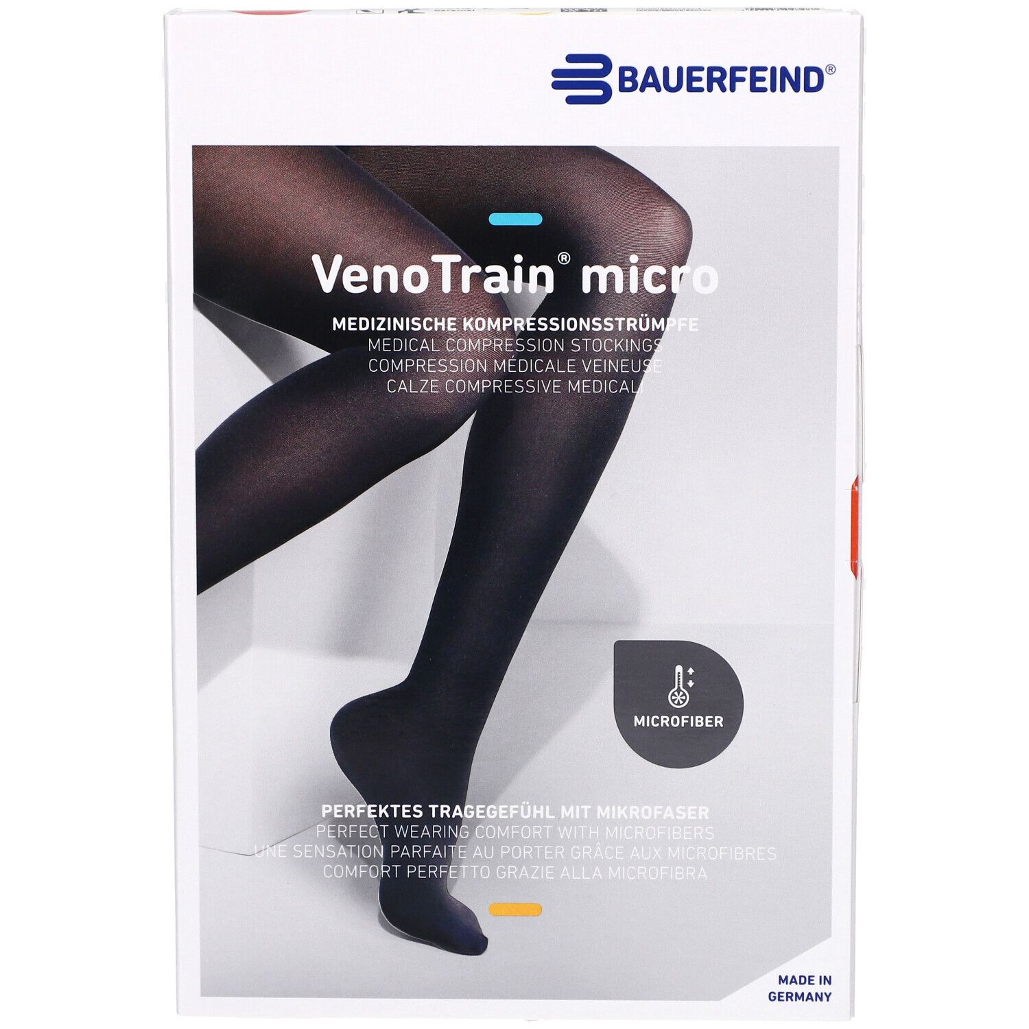 Verpackung mit Kompressionsstrümpfen. Marke: Bauerfeind. Produktname: VenoTrain micro. Schwarze Strümpfe abgebildet.