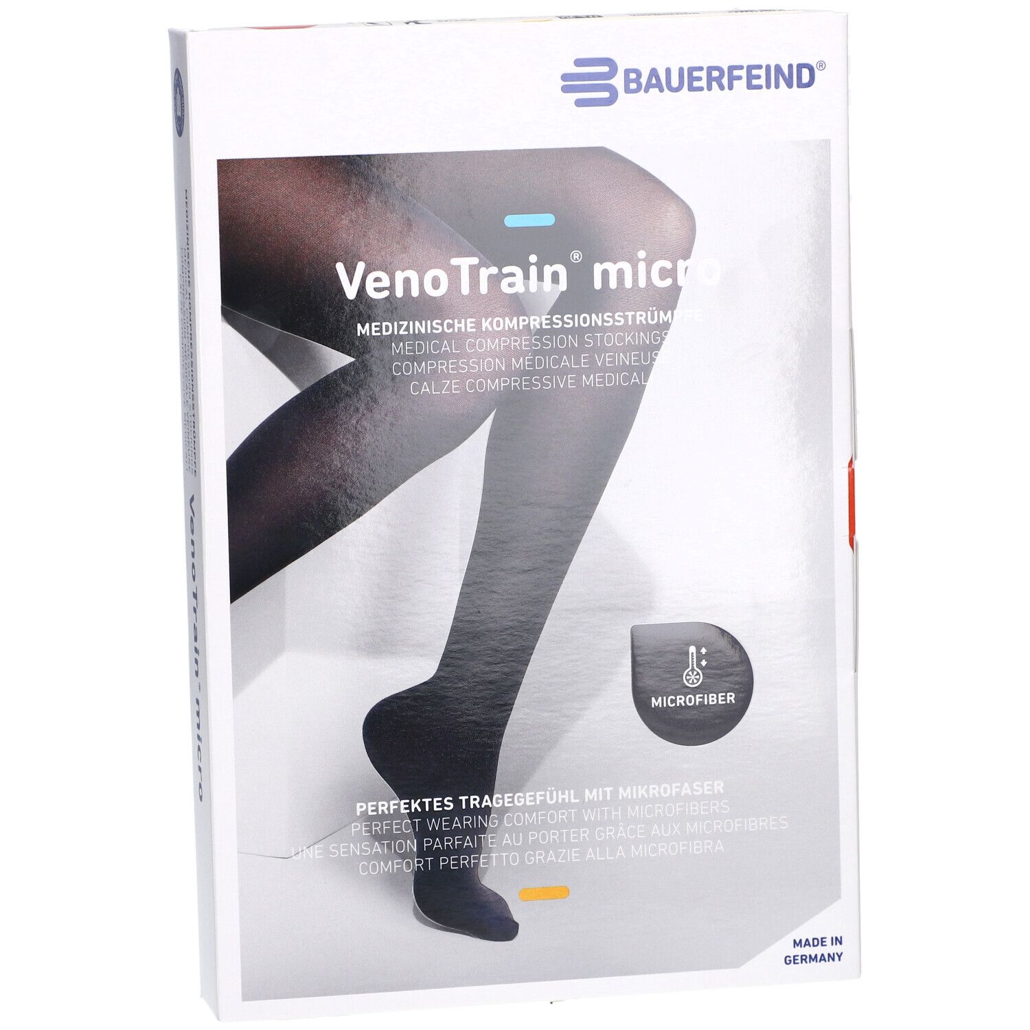 Verpackung mit Kompressionsstrümpfen. Marke: Bauerfeind. Produktname: VenoTrain micro. Schwarze Strümpfe abgebildet.