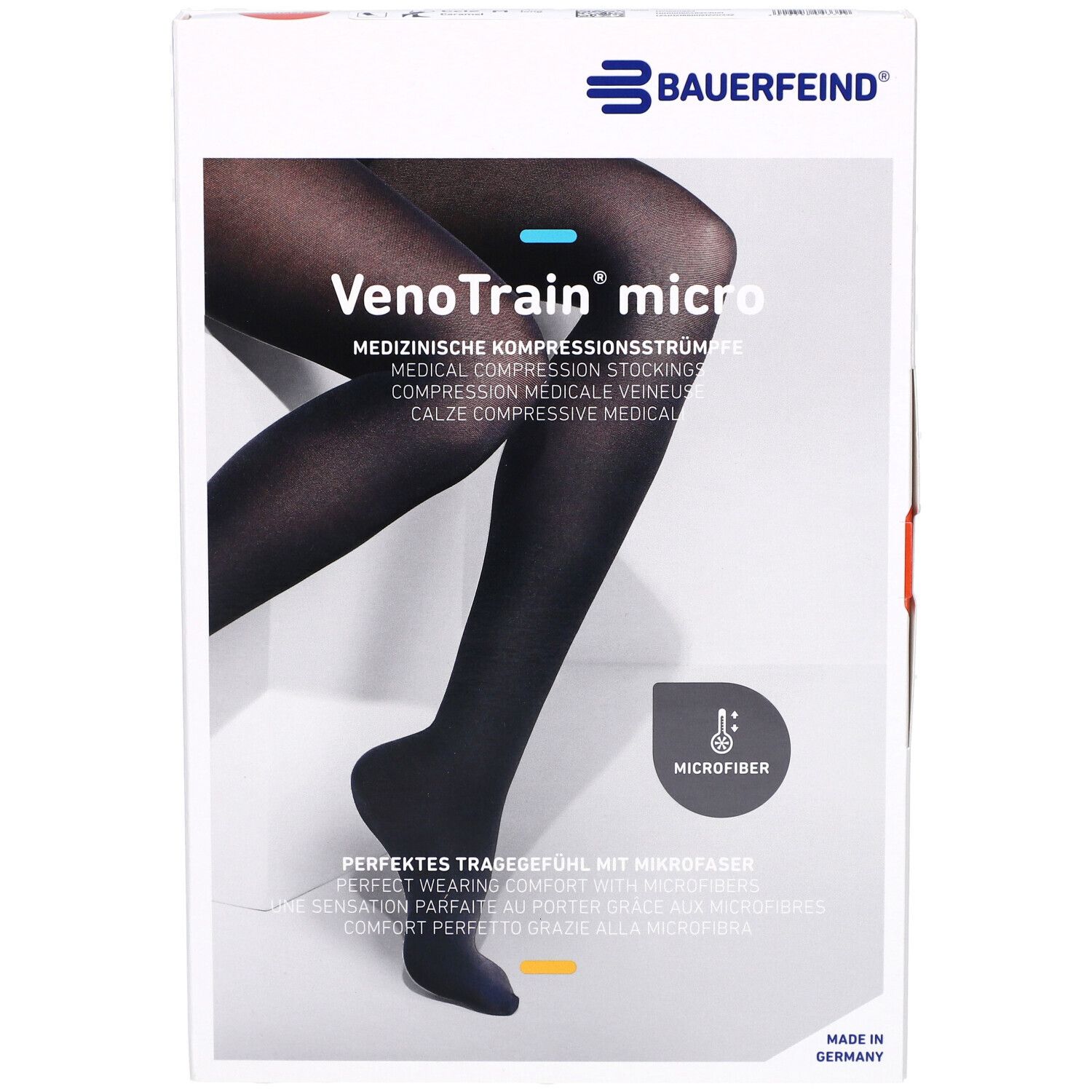 Emballage de bas de compression VenoTrain micro. Bas noirs représentés. Microfibre. Inscription en plusieurs langues.