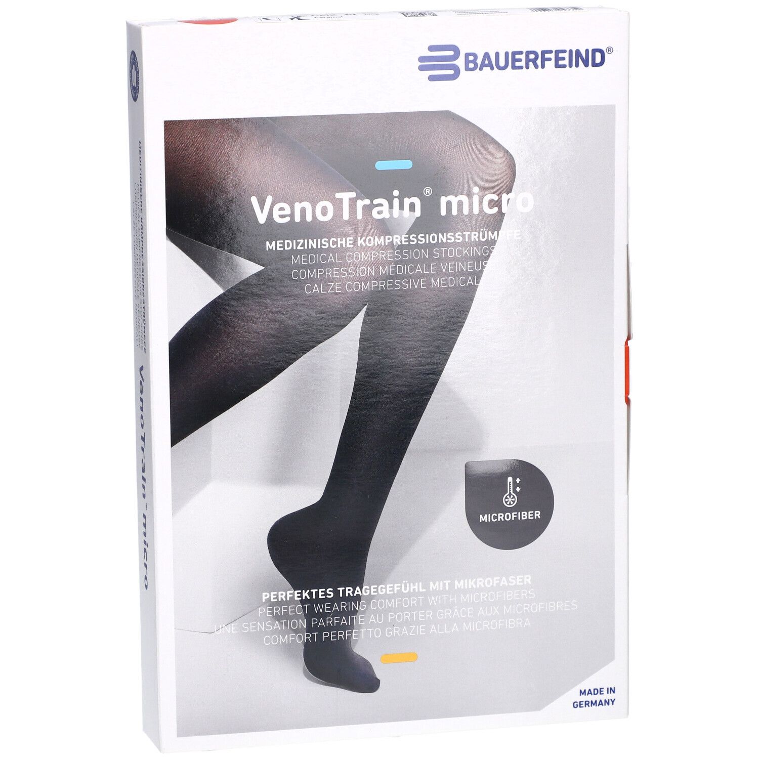 Emballage de bas de compression VenoTrain micro. Bas noirs représentés. Microfibre. Inscription en plusieurs langues.