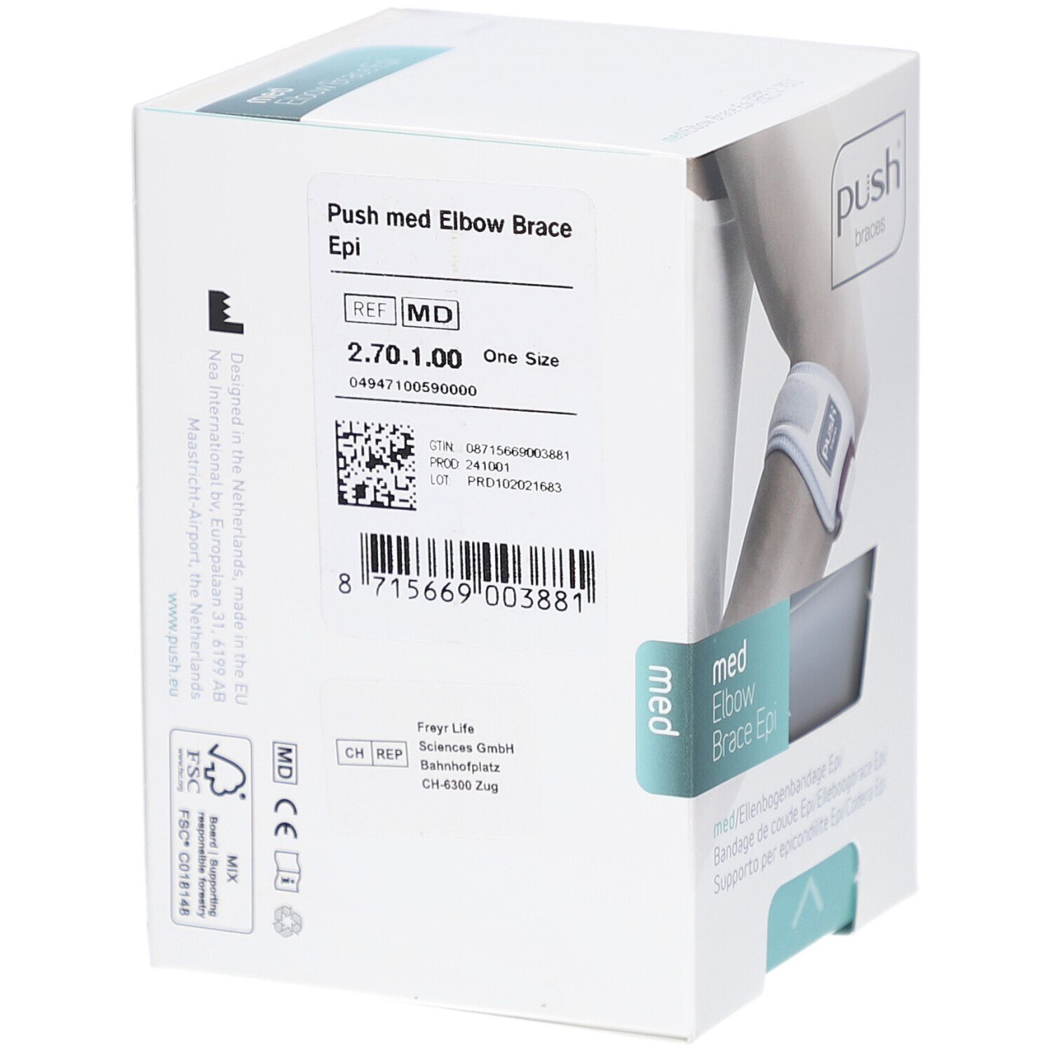 Rückseite der Verpackung der Push med Ellenbogenbandage Epi. Produktinformationen, Barcode, und Logo. Text: Push med Elbow Brace Epi.