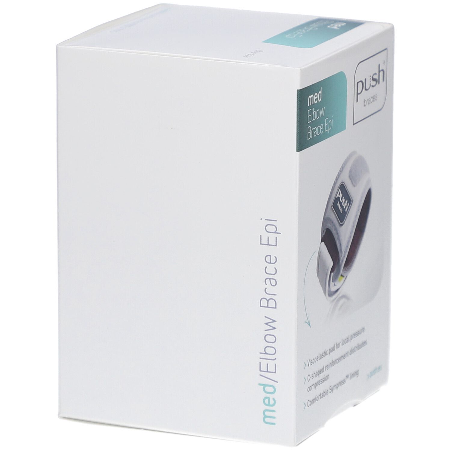 Verpackung der Push med Ellenbogenbandage Epi. Seitenansicht. Text: Push braces, med Elbow Brace Epi. Eigenschaften: Viskoelastisches Pad.