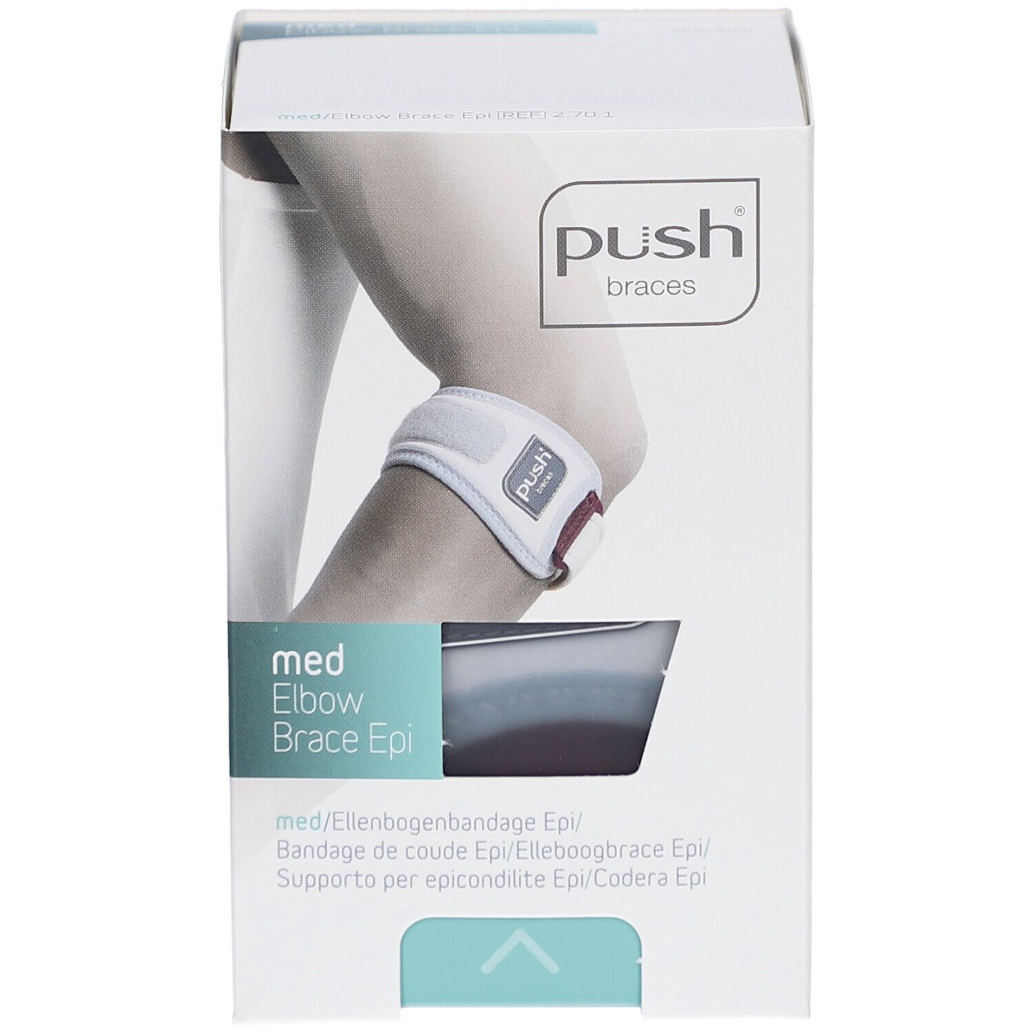 Verpackung der Push med Ellenbogenbandage Epi. Aufdruck: Push braces, med Elbow Brace Epi. Abbildung eines Ellenbogens mit Bandage.