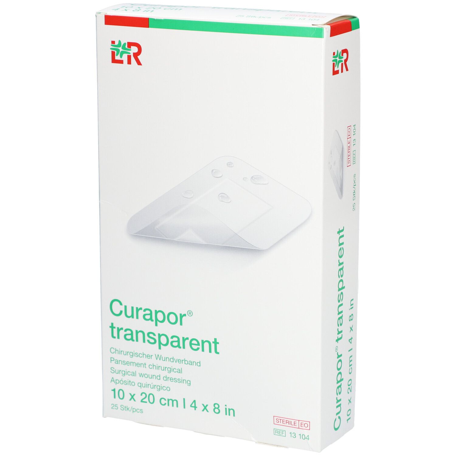 Verpackung von Curapor transparent Wundverband. Größe 10 x 20 cm. 25 Stück pro Packung. Steril.