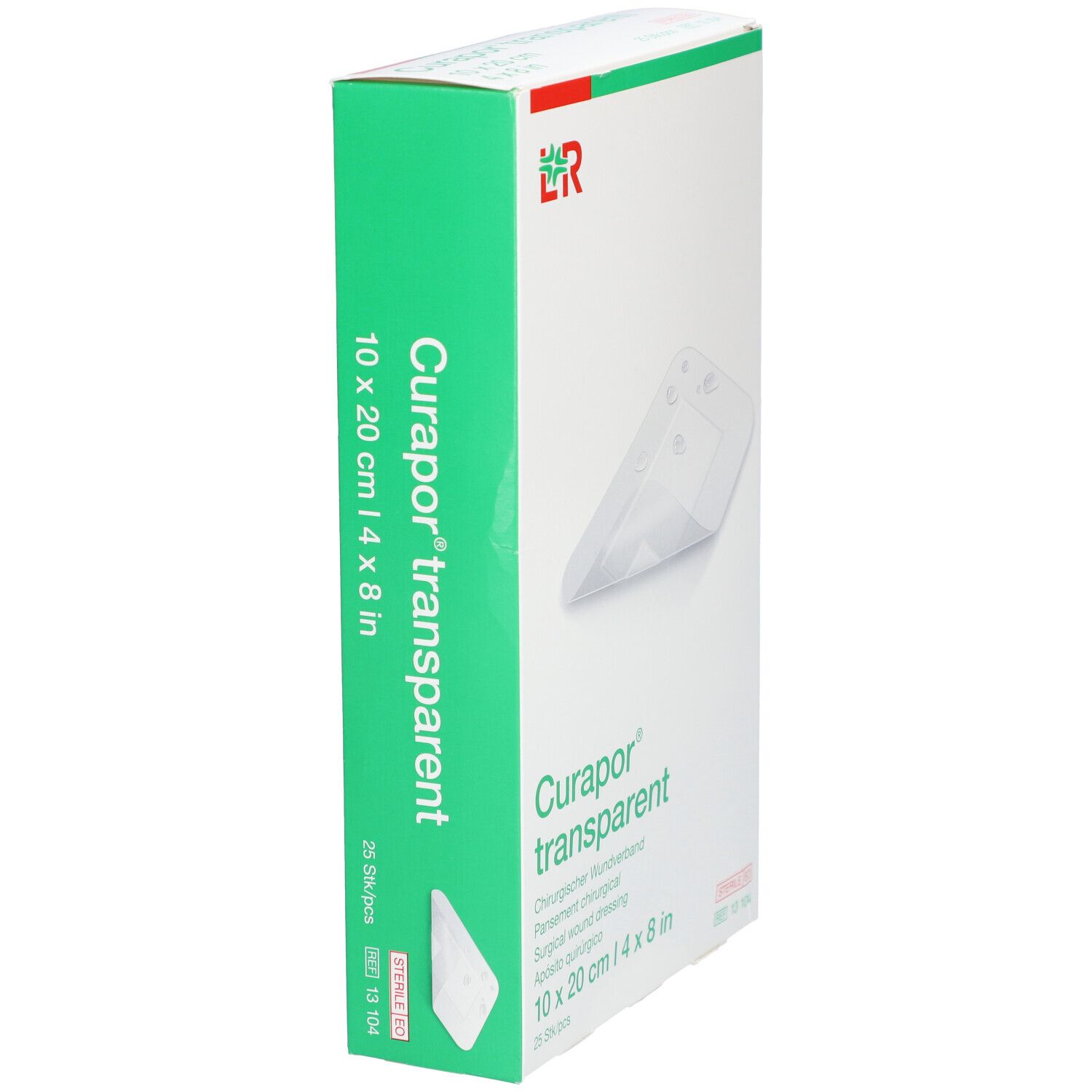 Verpackung von Curapor transparent Wundverband. Größe 10 x 20 cm. 25 Stück pro Packung. Steril.