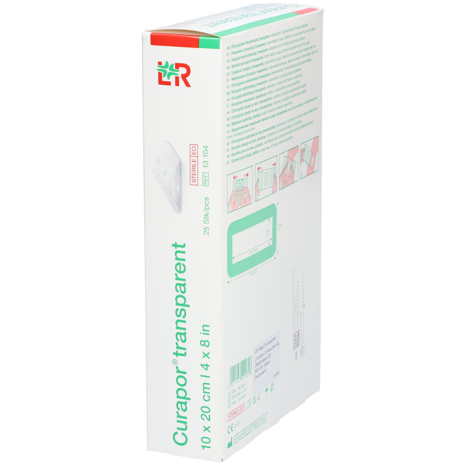 Verpackung von Curapor transparent Wundverband. Größe 10 x 20 cm. 25 Stück pro Packung. Steril.