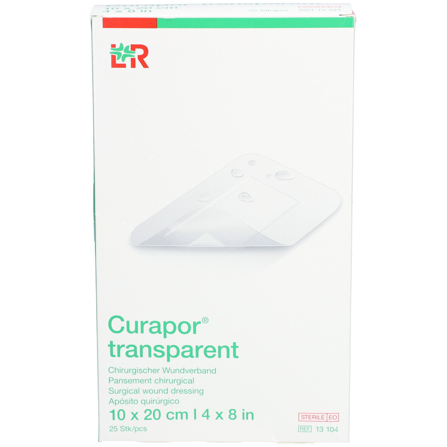 Verpackung von Curapor transparent Wundverband. Größe 10 x 20 cm. 25 Stück pro Packung. Steril.