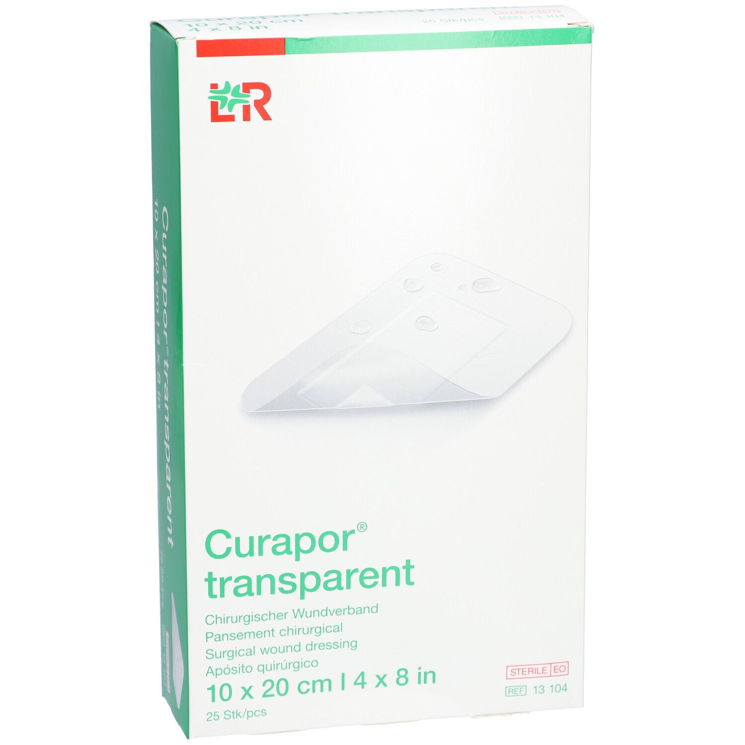Verpackung von Curapor transparent Wundverband. Größe 10 x 20 cm. 25 Stück pro Packung. Steril.
