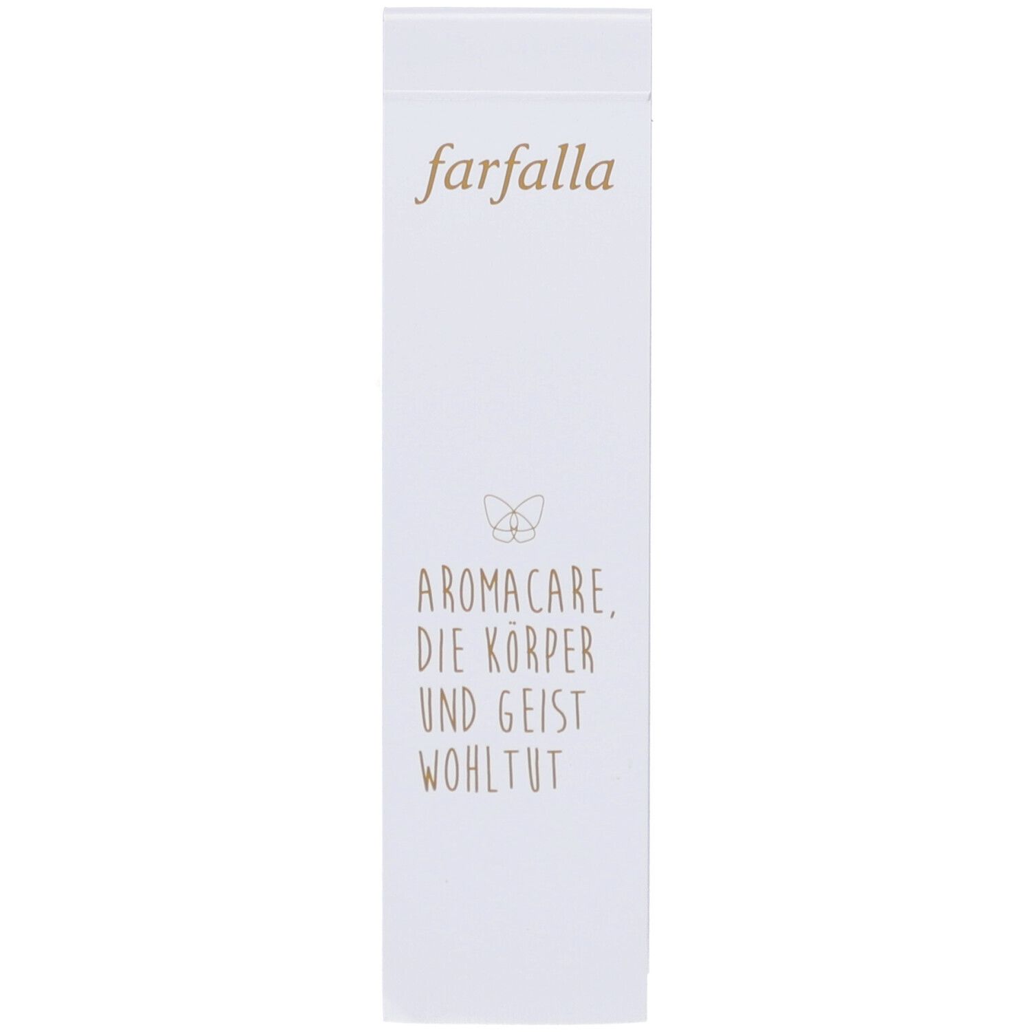 Weiße Verpackung mit goldfarbenem Schriftzug "farfalla" und Text. Unterhalb "AROMACARE, DIE KÖRPER UND GEIST WOHLTUT".