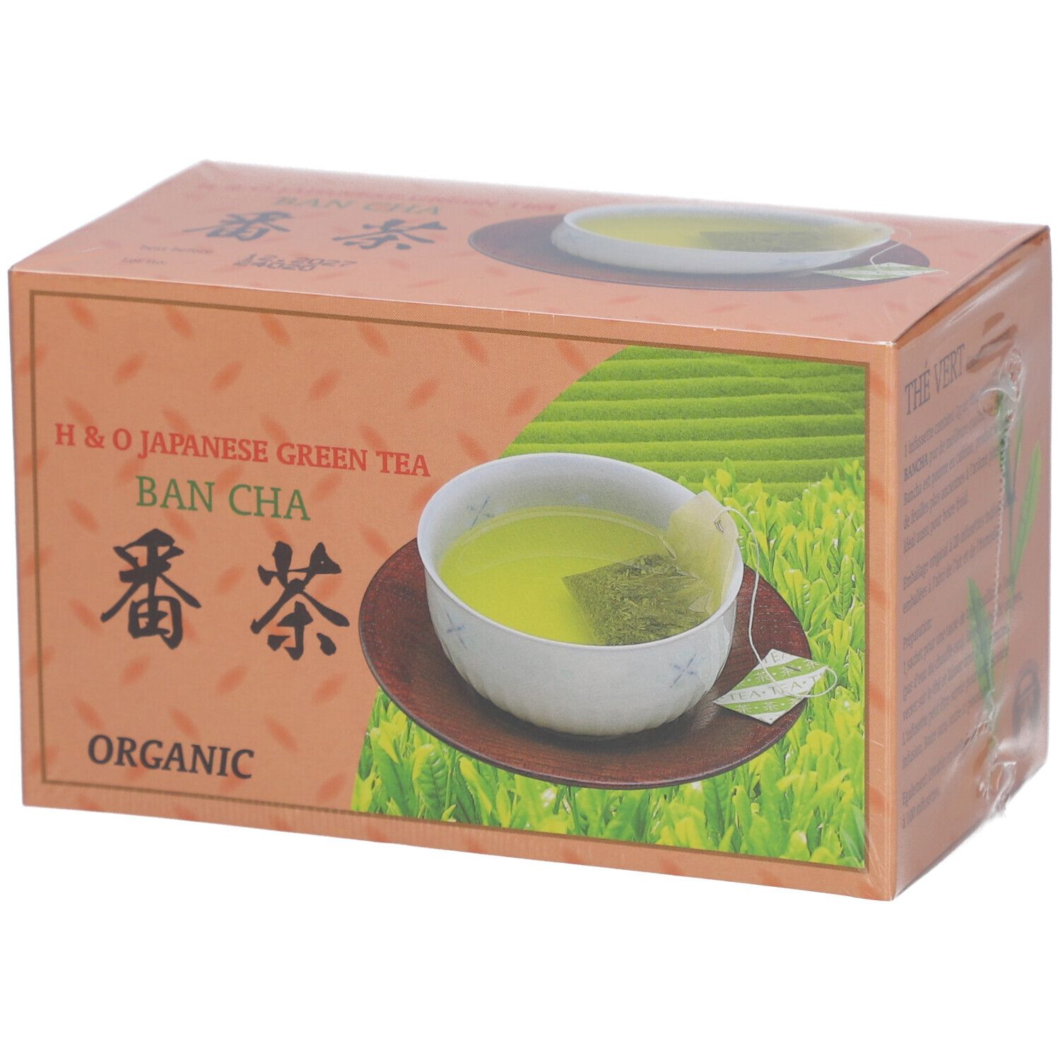 Boîte de thé vert japonais H&O Bancha. Image d'une tasse de thé, texte et logo. Inscription "Organic".