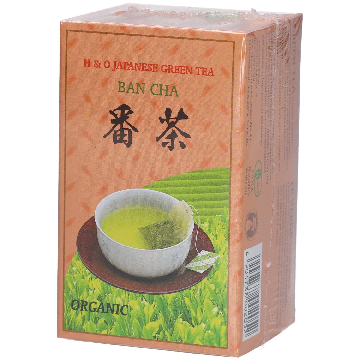 Boîte de thé vert japonais H&O Bancha. Image d'une tasse de thé, texte et logo. Inscription "Organic".