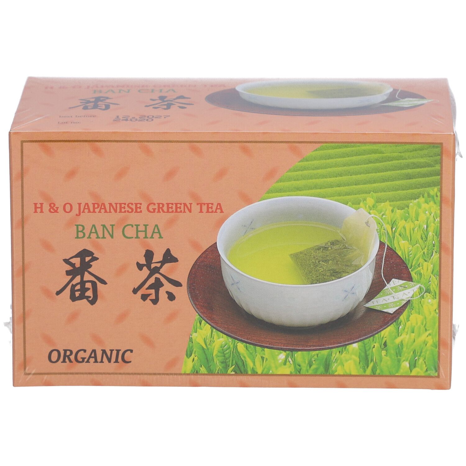 Boîte de thé vert japonais H&O Bancha. Image d'une tasse de thé, texte et logo. Inscription "Organic".