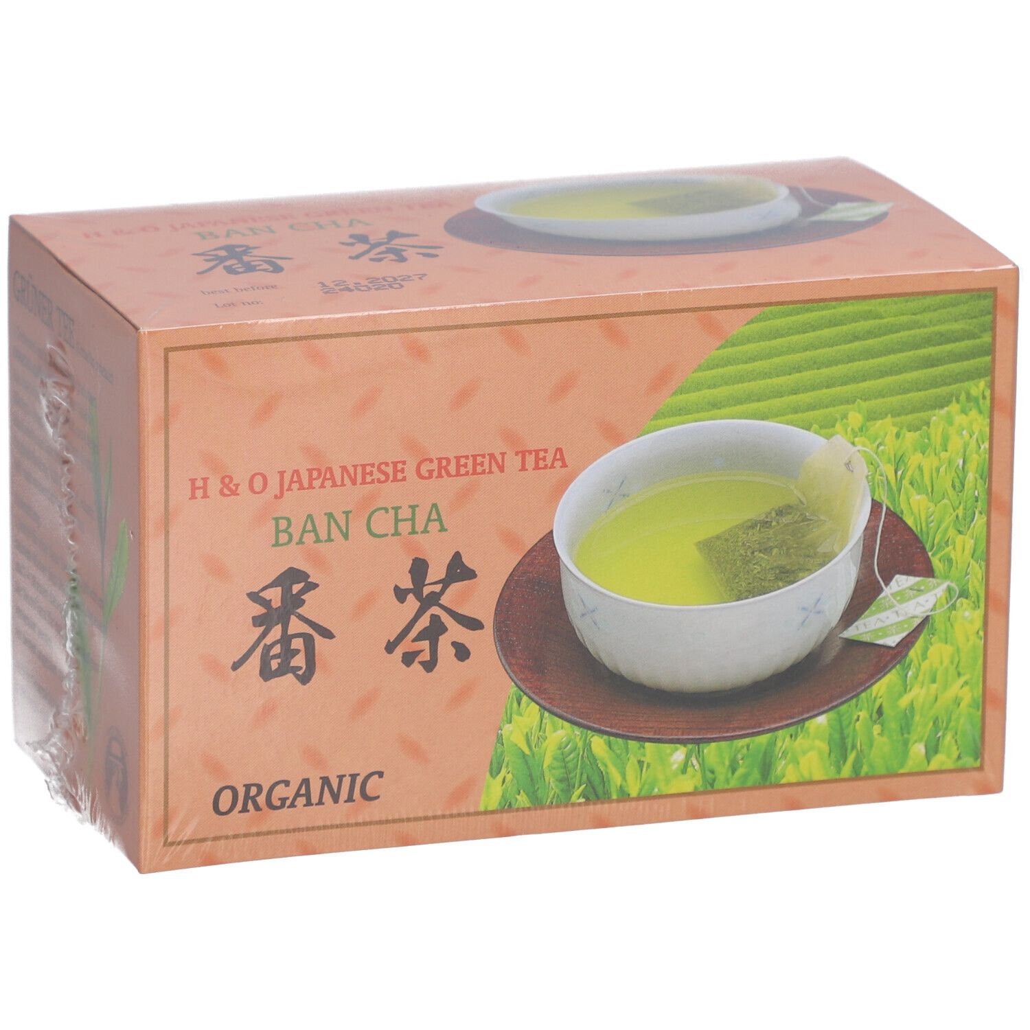 Boîte de thé vert japonais H&O Bancha. Image d'une tasse de thé, texte et logo. Inscription "Organic".