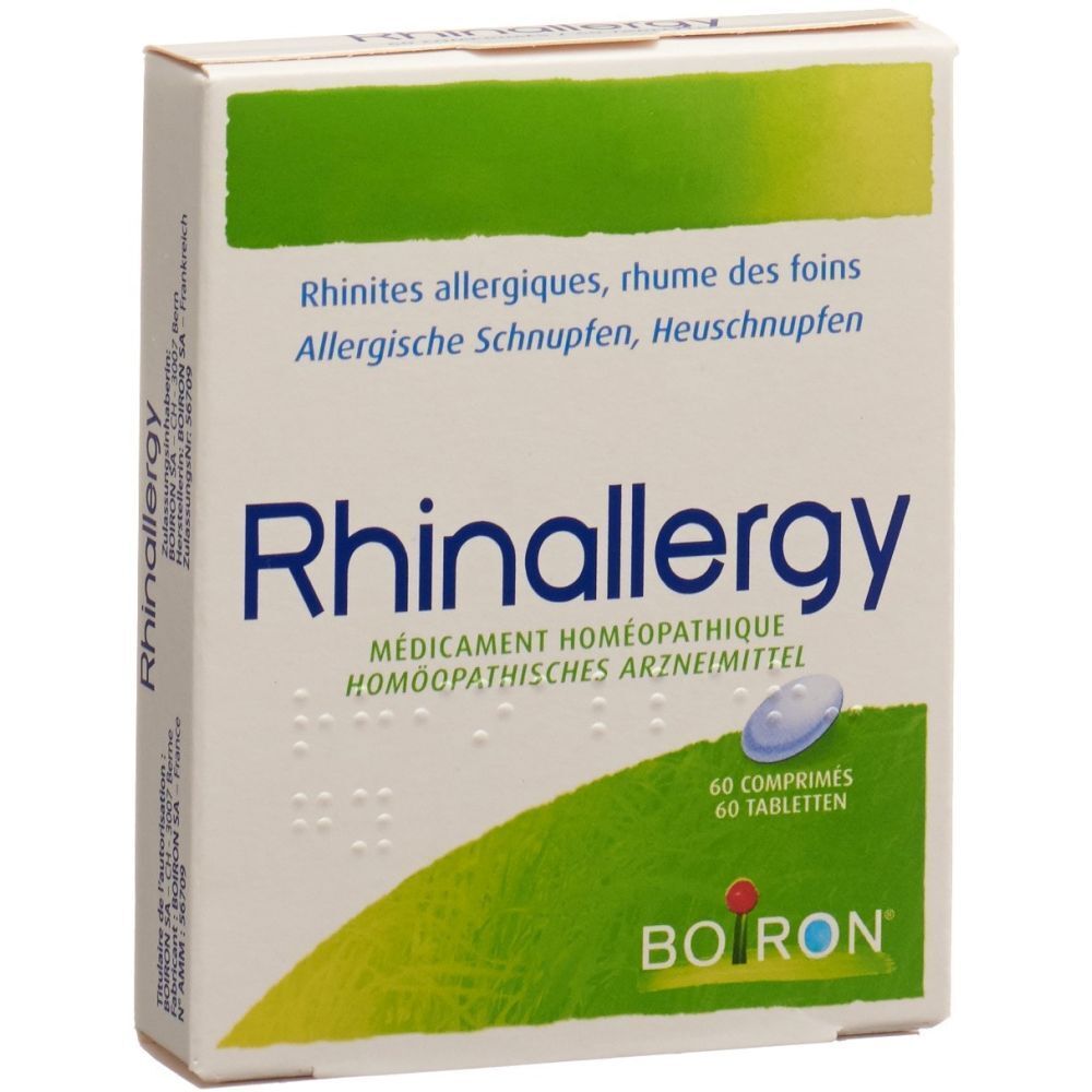 Karton von Rhinallergy. Text: Allergische Schnupfen, Heuschnupfen. Enthält 60 Tabletten. Marke: Boiron.
