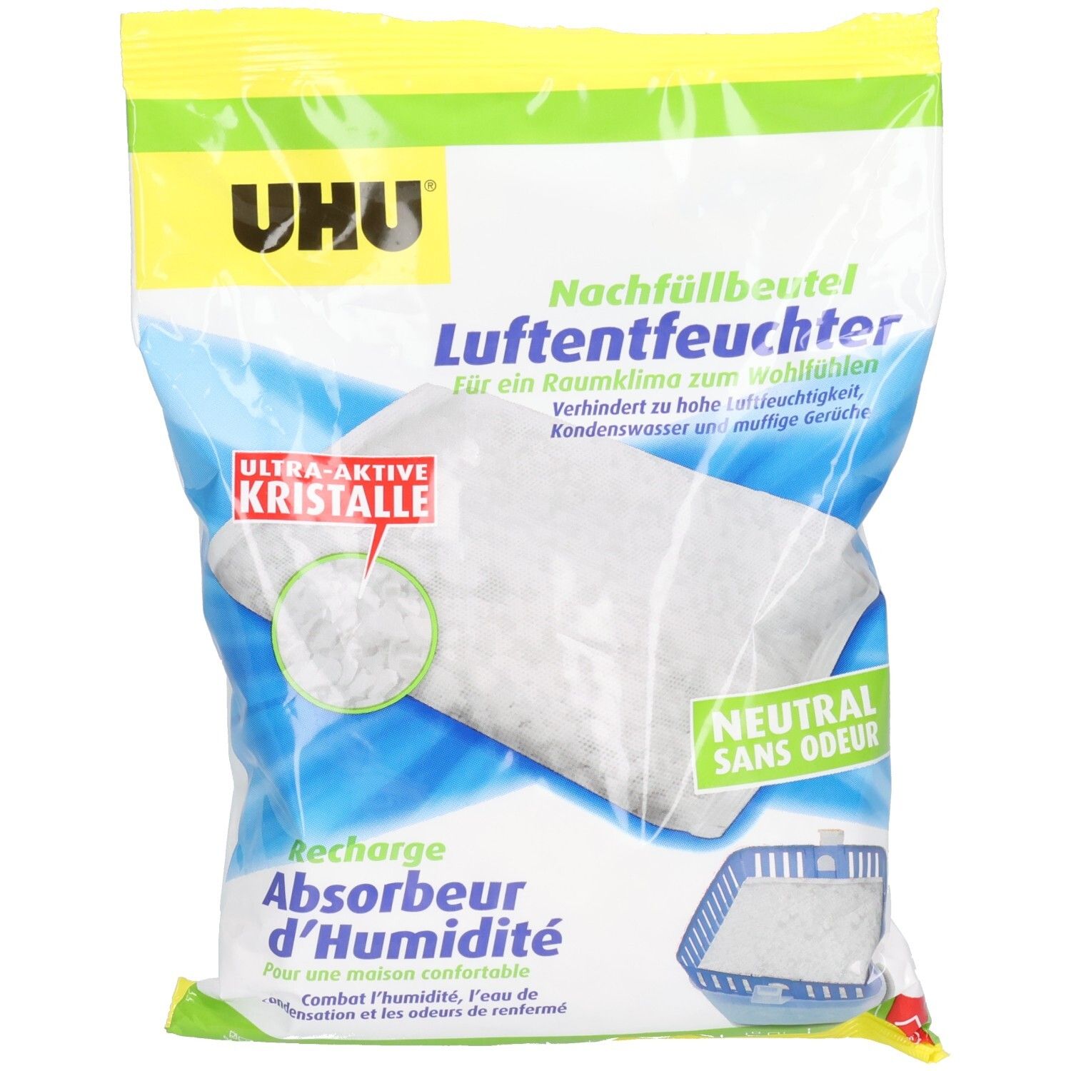 UHU Nachfüllbeutel Luftentfeuchter mit ultra-aktiven Kristallen, neutral und geruchsneutral.