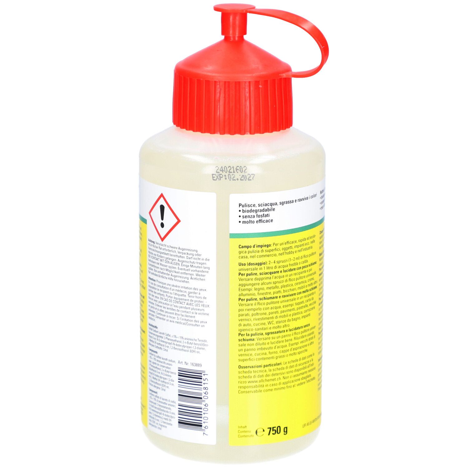 Rückseite der Flasche mit rotem Verschluss. Gelbe und weiße Etiketten mit Text. Warnsymbol. Aufschrift: 750 g.