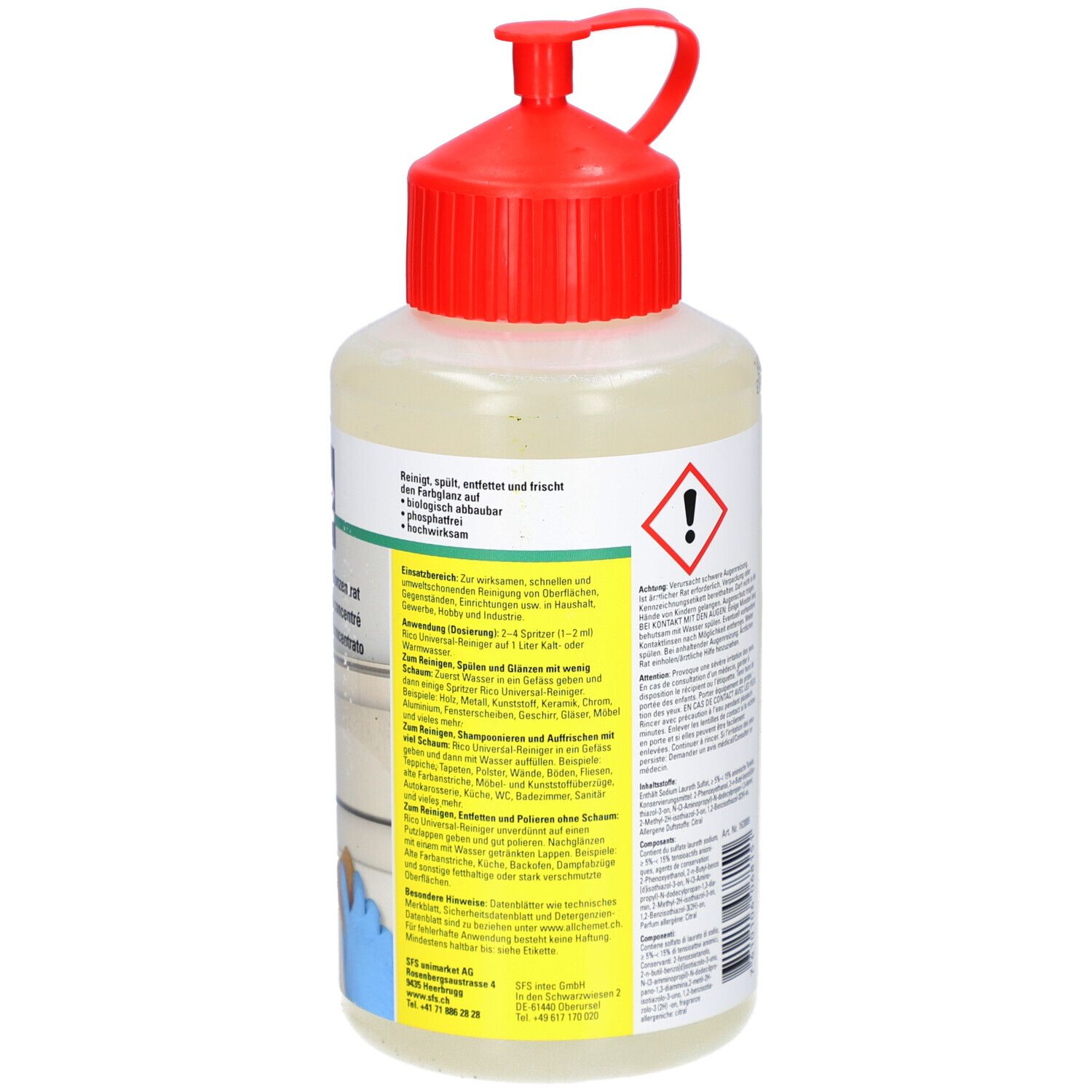 Rückseite der Flasche mit rotem Verschluss. Gelbe und weiße Etiketten mit Text. Warnsymbol. Aufschrift: Reinigt, spült, entfettet und bricht den Schmutz.