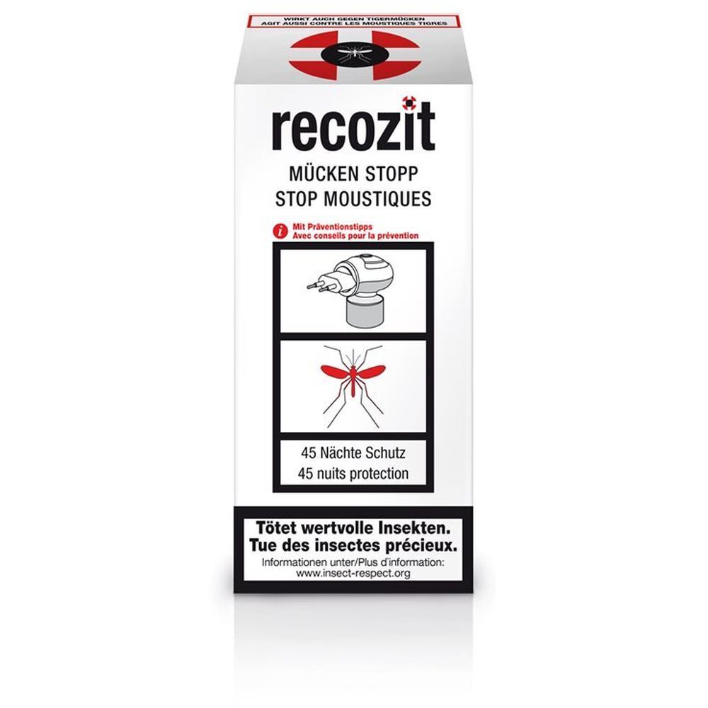 Weiße Verpackung mit Produktnamen und Illustrationen. Text: Mücken Stopp, 45 Nächte Schutz. Logo: Insekt-respect.org.