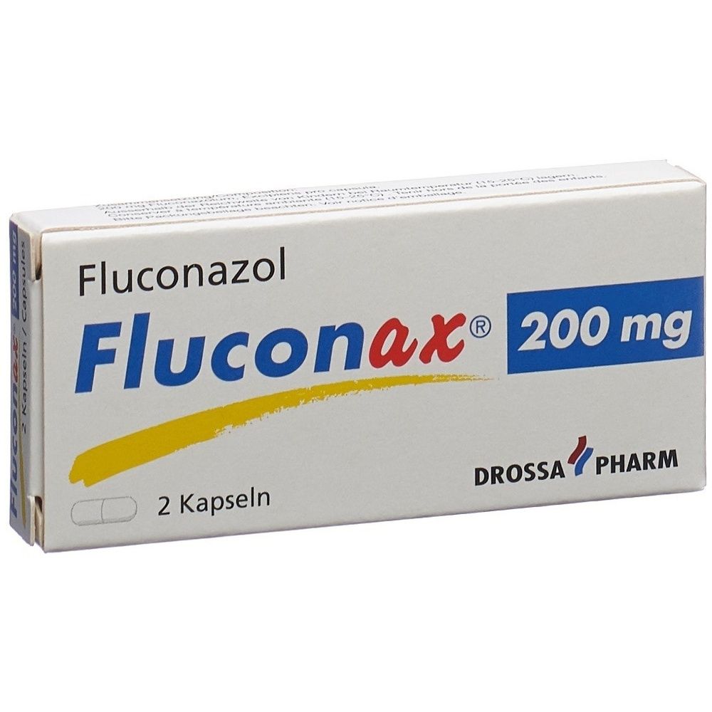 Kartonverpackung mit der Aufschrift "Fluconax 200 mg". Die Verpackung ist weiß mit blauen und gelben Akzenten.