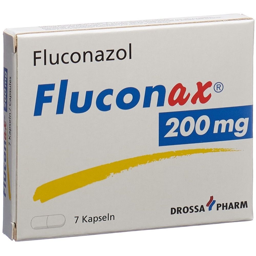 Kartonpackung mit der Aufschrift Fluconax 200 mg. Gelbe und blaue Schrift auf weißem Hintergrund. Herstellerlogo.
