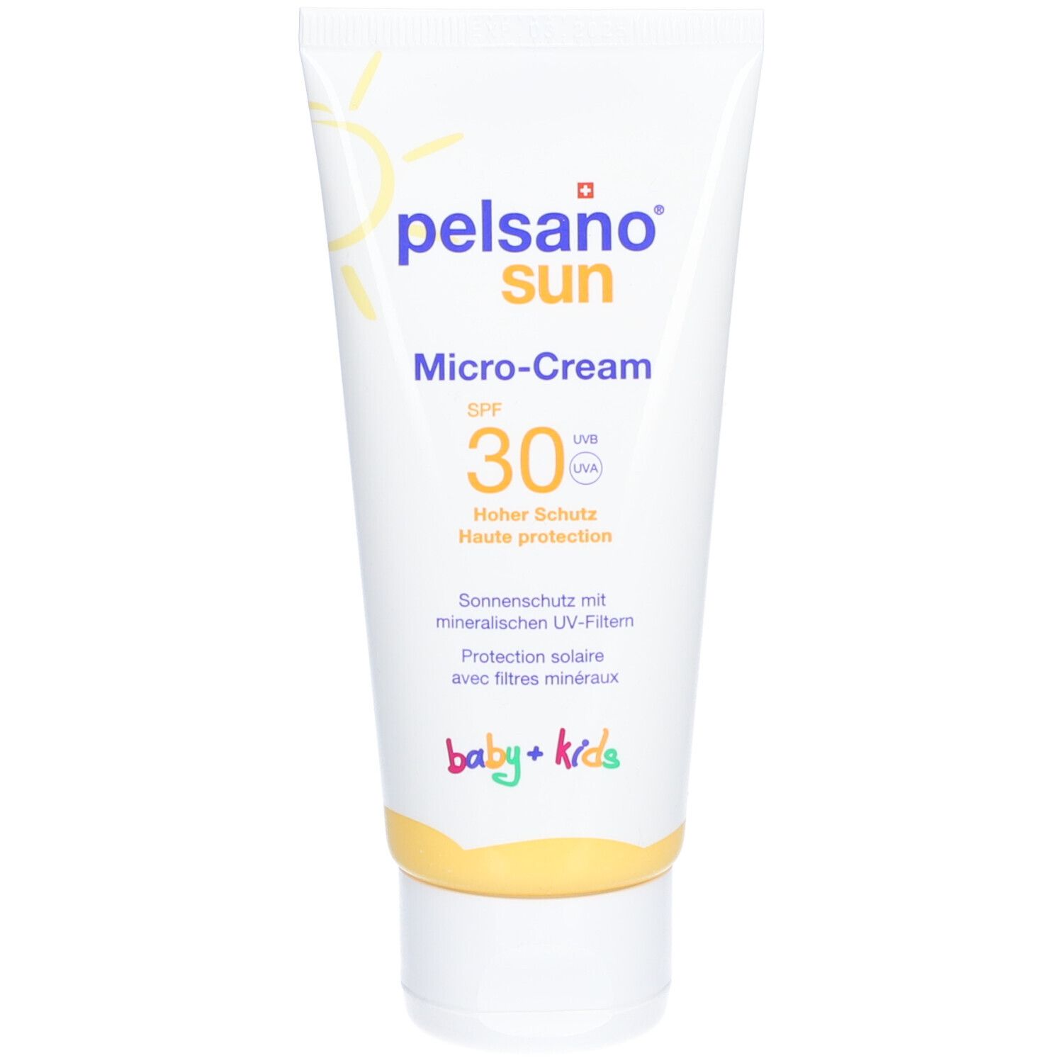 Weiße Tube mit gelbem Deckel. Aufschrift: PELSANO sun Micro-Cream SPF 30 Baby+Kids. Sonnen- und UV-Schutz.